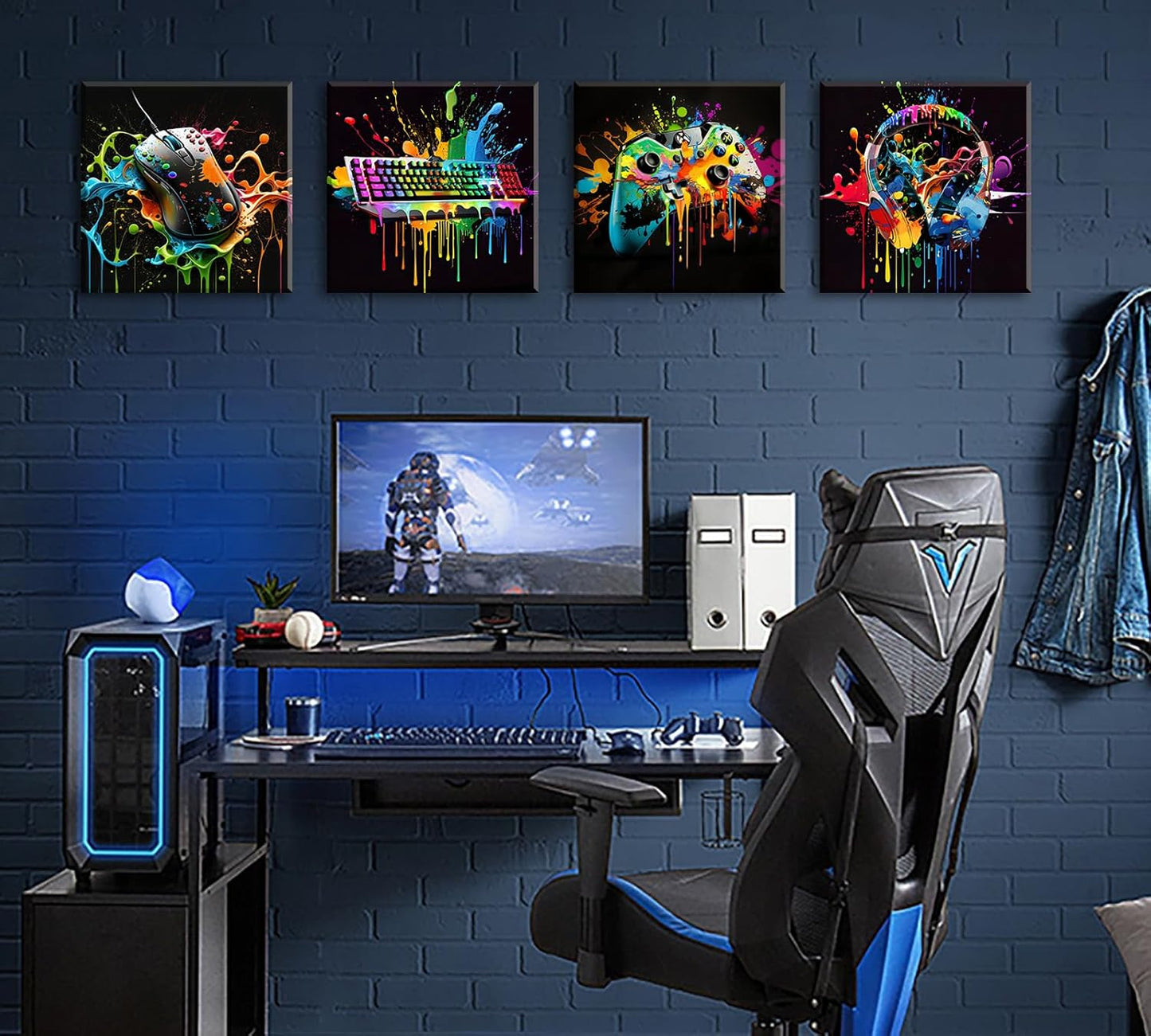 Gamer Room Decor for Boys - Game Wall Art Graffiti Gamepad Earphone Canvas Print Pictures Cool Video Gaming Poster Street Pop Men Cave Teen Bedroom Dorm Playroom Home Artwork Framed 12"X12"X4 Panels