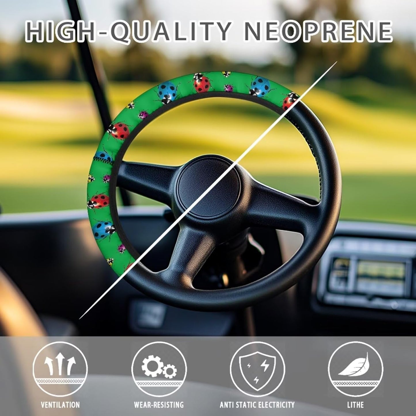 Ladybug Print Golf Cart Steering Wheel Cover Green 13-14 Inch Golf Cart Steering Wheel Covers Anti-Slip Universal Fit Club Car Accessories, Breathable Interior Decor