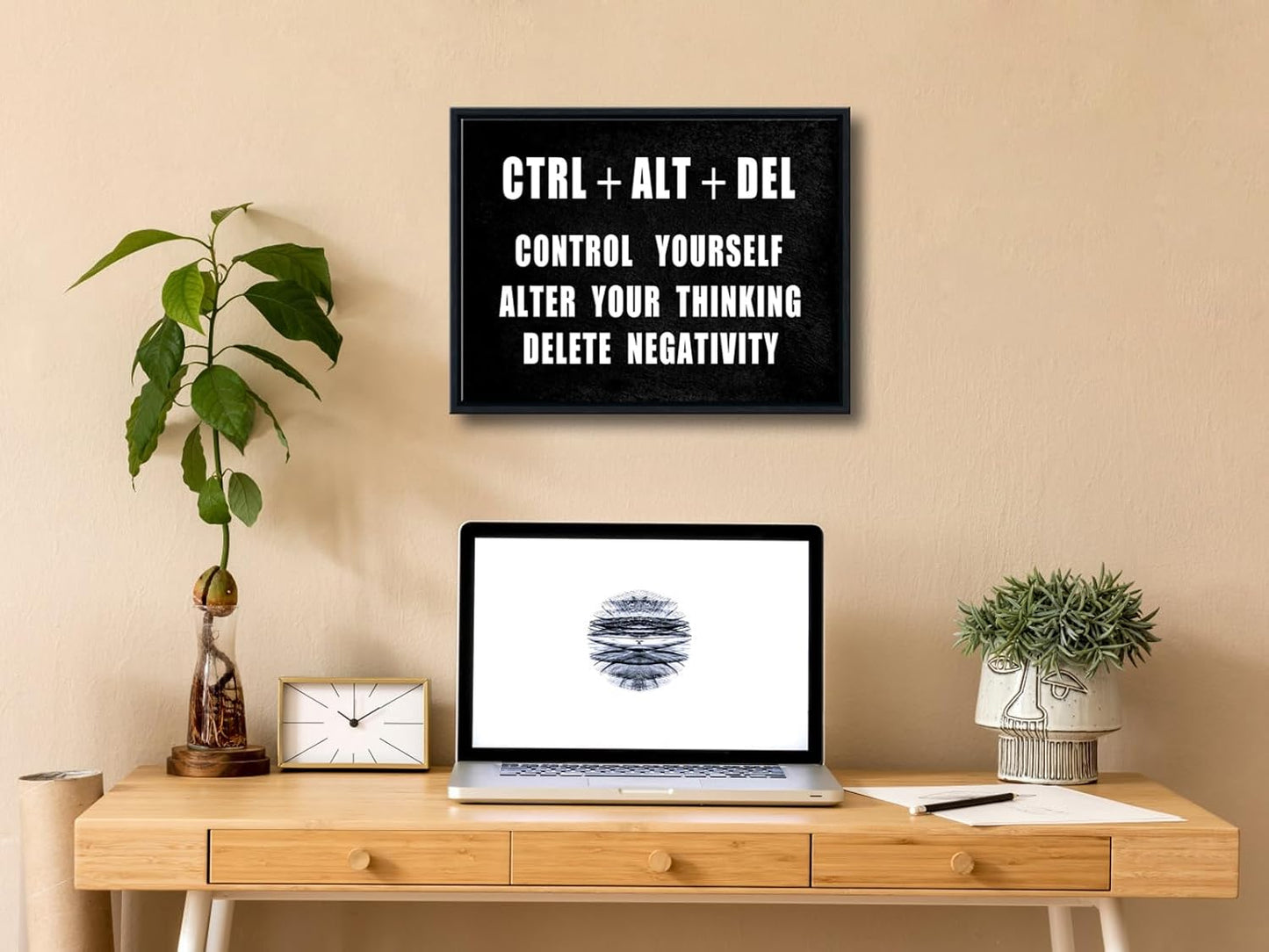 Pyradecor Black Framed Canvas Wall Art Motivational CTRL+ALT+DEL Classroom Positive Quotes Inspirational Poster Canvas Prints for Office Home Decorations