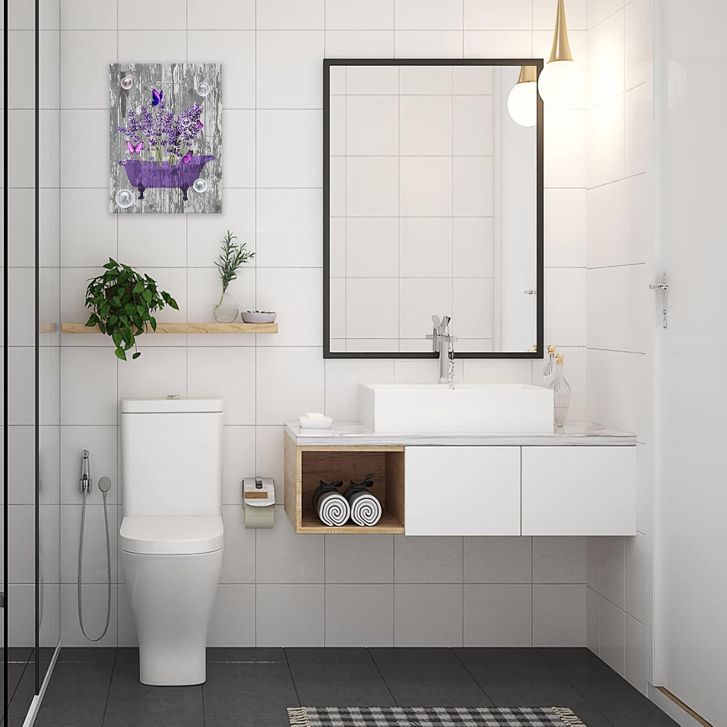 Lavender Bathroom Decor Wall Art Purple Farmhouse Bathroom Pictures for Wall Rustic Butterfly Bathtub Artwork Vintage Country Bathroom Grey White Painting Framed Bath Laundry Decorations 12"x16"