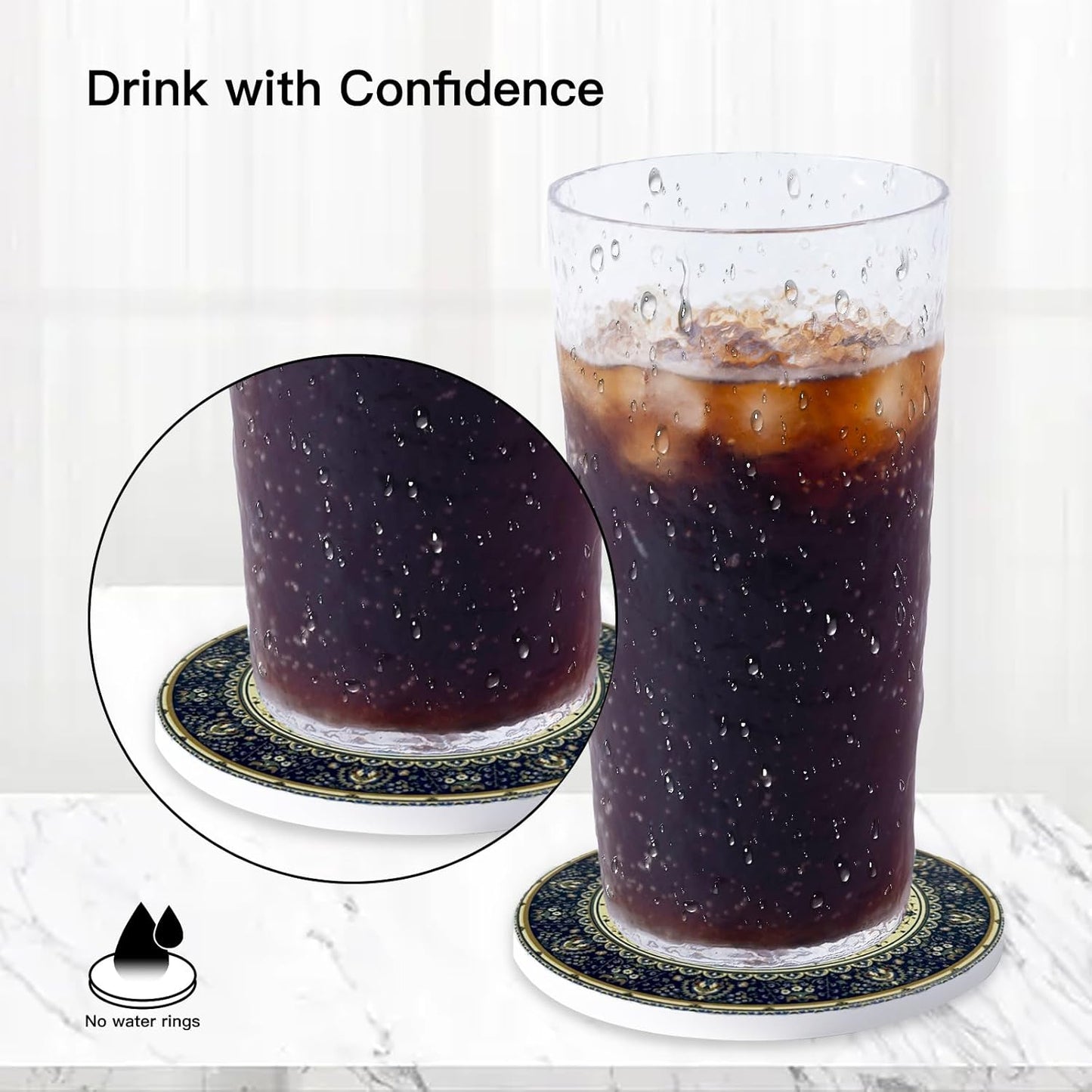 Coasters Absorbent Ceramic Coaster Drink Coasters with Cork Back Persian Pattern Set of 6 Round Coaster Non Slip for Coffee Table Wine Glass Home Bar 4 Inch, Colorful