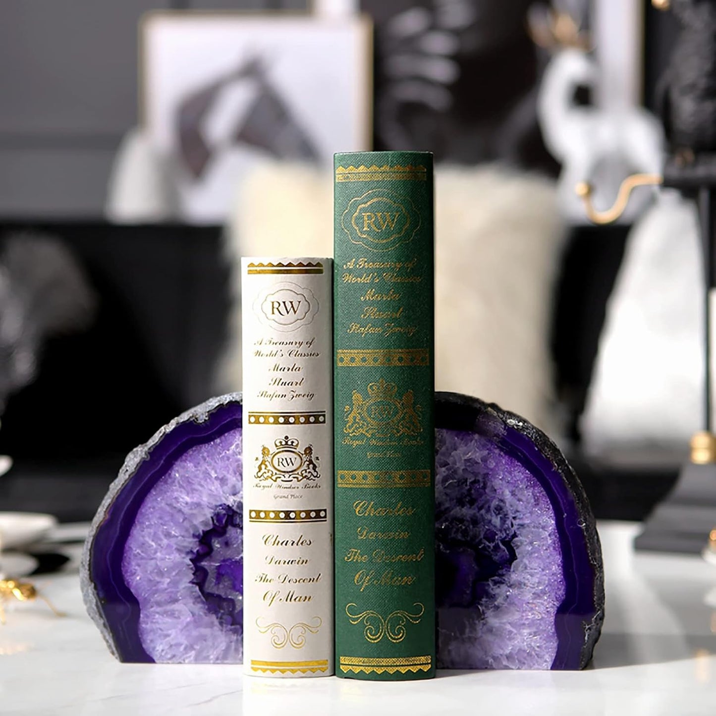 AMOYSTONE Purple Agate Bookends, Heavy Weight Decorative Book Ends for Shelves, Agate Stone Stopper 6-8 LBS for Heavy Books,Perfect for Home and Office Decor