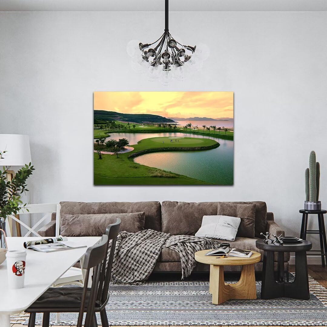 HJY Art USA Golf Course Wall Art for Gym Pebble Beach Golf Course Wall Decor Yellow Green Abstract Painting Poster for Home Decor Living Room Bedroom Bathroom Office Artwork (18 x 24 inch)