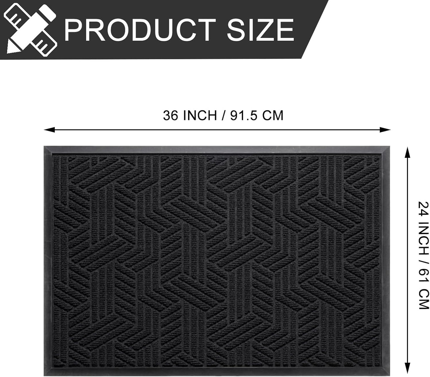 Front Door Mat 36"x24" Indoors Outdoors Welcome Mats, Waterproof Non-Slip Rubber Backing Heavy Duty Doormat Outside Entrance, Low Profile Entryway Rugs Floor Mat for Patio, Pattern B Black