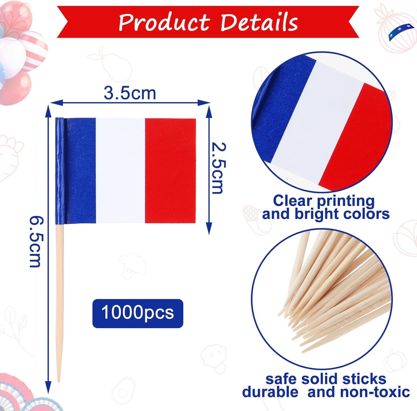 Meanplan 1000 Pcs French Flag France Toothpick Flags, Cocktail Picks Small Mini Stick France Cupcake Toppers Country Picks Party Decoration Celebration Cocktail Food Appetizers Bar Cake Flags
