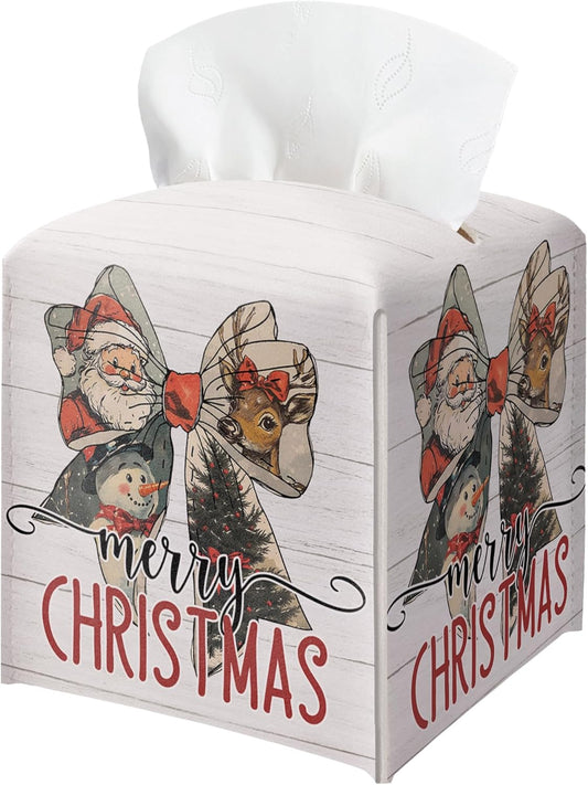 Merry Christmas Tissue Box Holder, Santa Claus Bow Reindeer Snowman Leather Tissue Box Cover Square, Paper Facial Decorative Tissues Cover for Bathroom Kitchen Office Home Decor-B26