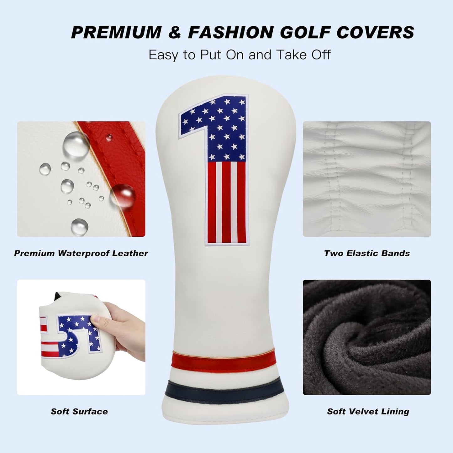Golf Head Covers, 4pcs or 1pc USA Stars and Stripes Golf Club Covers for Woods and Driver Fairway Hybrid, PU Leather Golf Club Head Covers for Men Women with Interchangeable Tags, Fits Most Golf Clubs