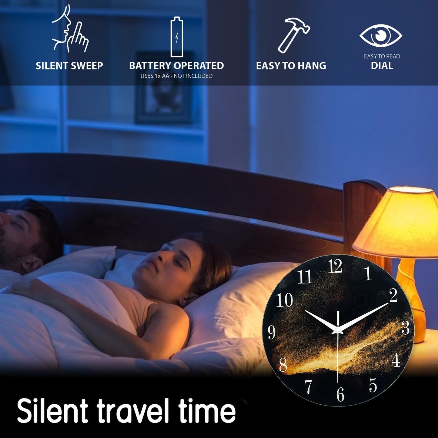 Black and Gold Modern Wall Clocks Battery Operated 12 Inch Silent Wall Clock Non Ticking Glass Wall Clock for Living Room