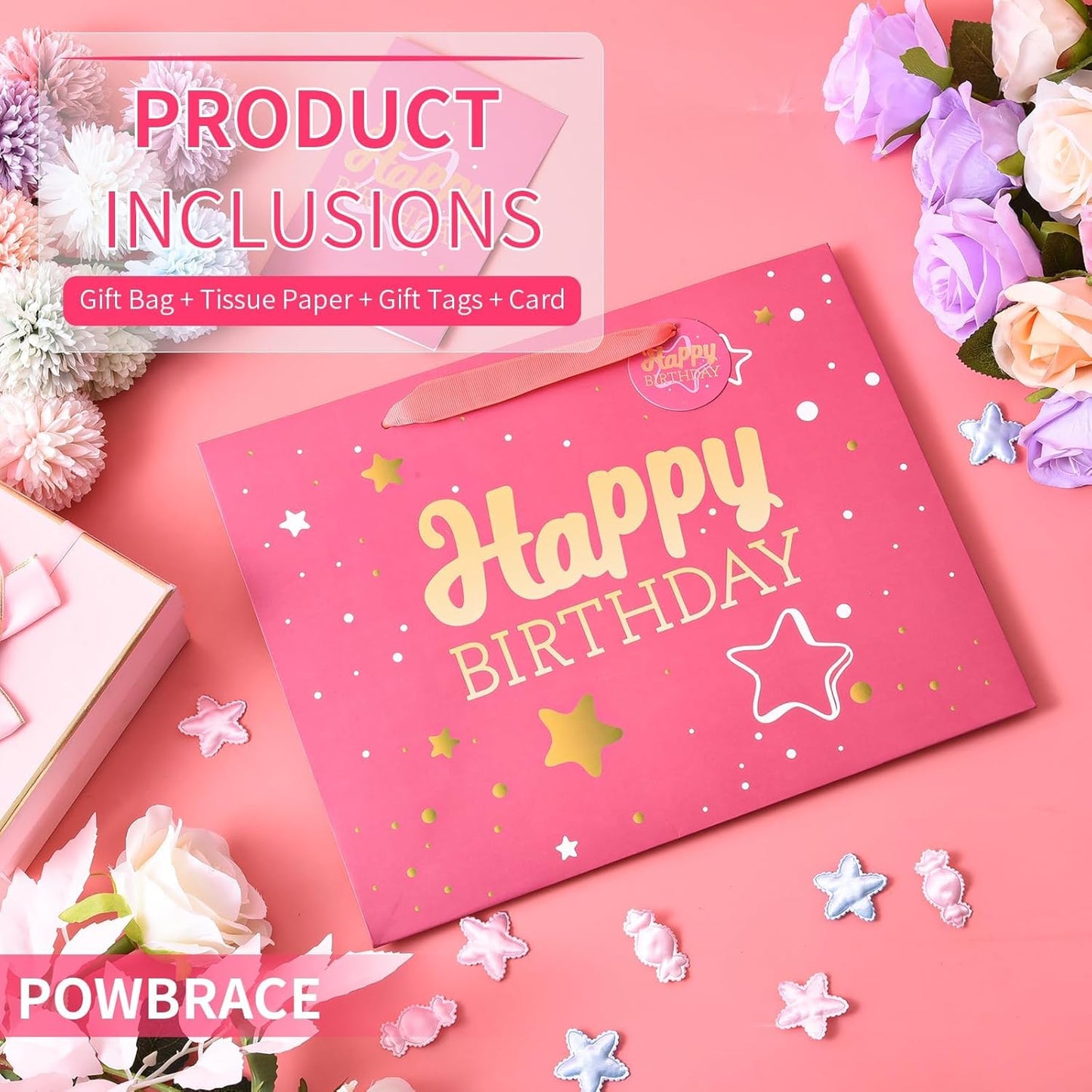 13" Pink Happy Birthday Gift Bag with Tissue Paper and Greeting Card for Party,Happy Birthday Gift Bag for Women Mother, Gift Bags Medium size(1 PCS Pink, Attach Mom Cards)
