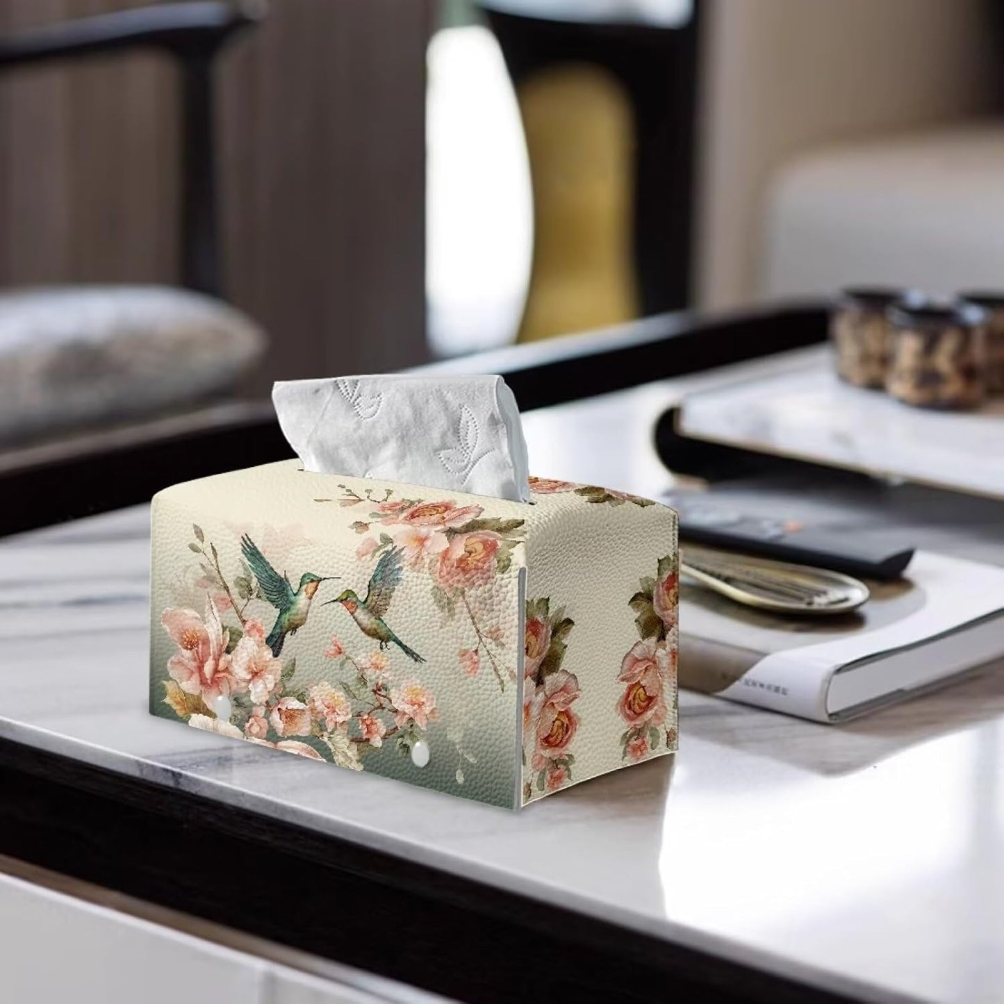 Rectangular Tissue Box Cover Floral Hummingbird PU Leather Tissue Cover Decorative Organizer with Bottom Belt Vintage Tissue Box Organizer for Home, Tabletop, Night Stands