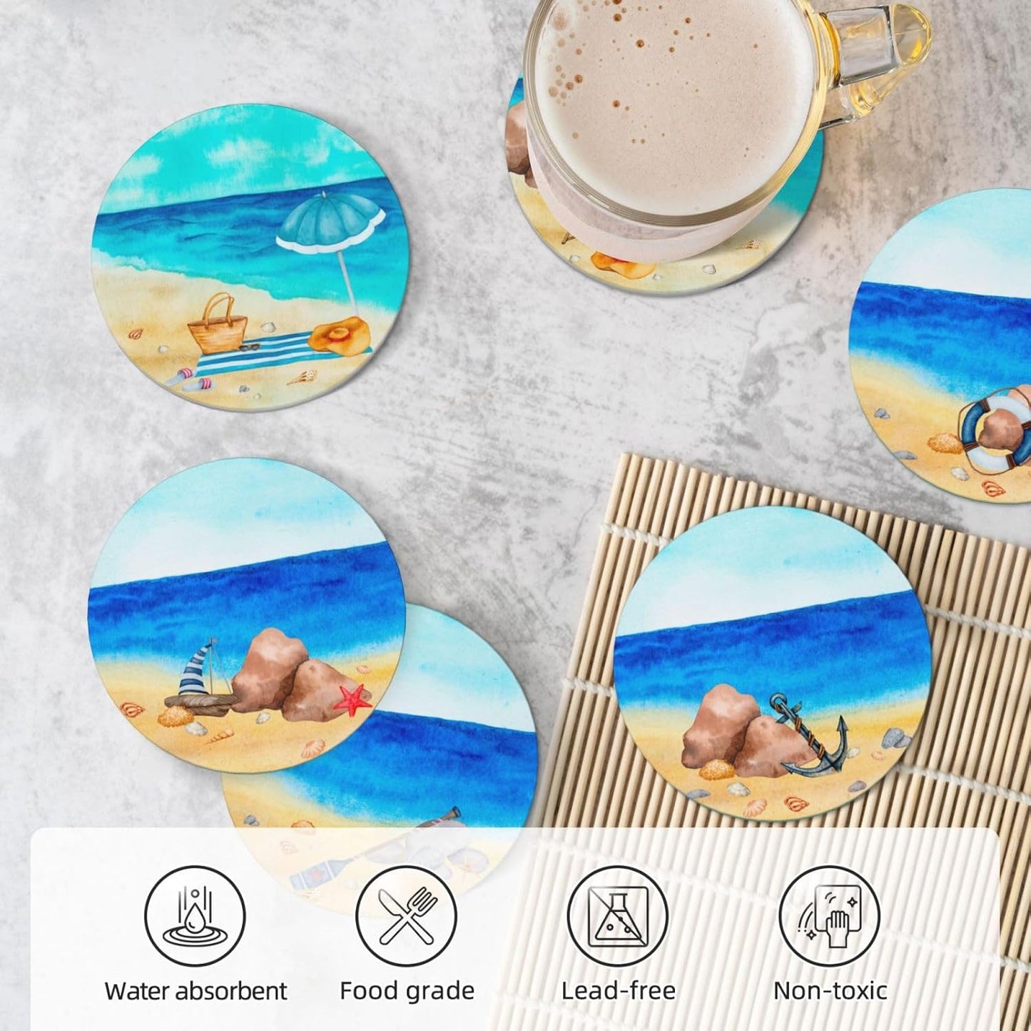 Summer Coastal Beach Theme Absorbent Drink Coasters with Holder, Set of 6 Ceramic Ocean Coasters with Cork Base for Table Decor