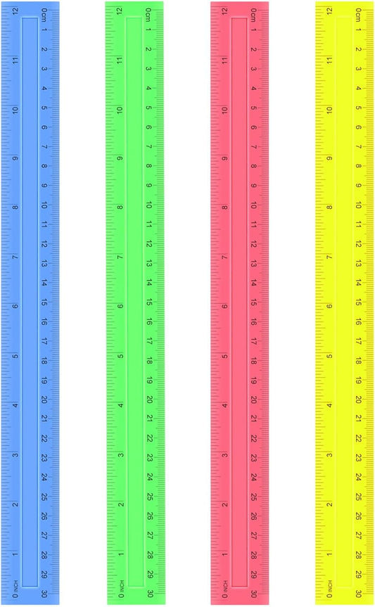 4 Pack Color Transparent Ruler, Plastic Rulers 12 Inch, Assorted Color Metric Rulers Bulk for School, Office, Classroom (4)
