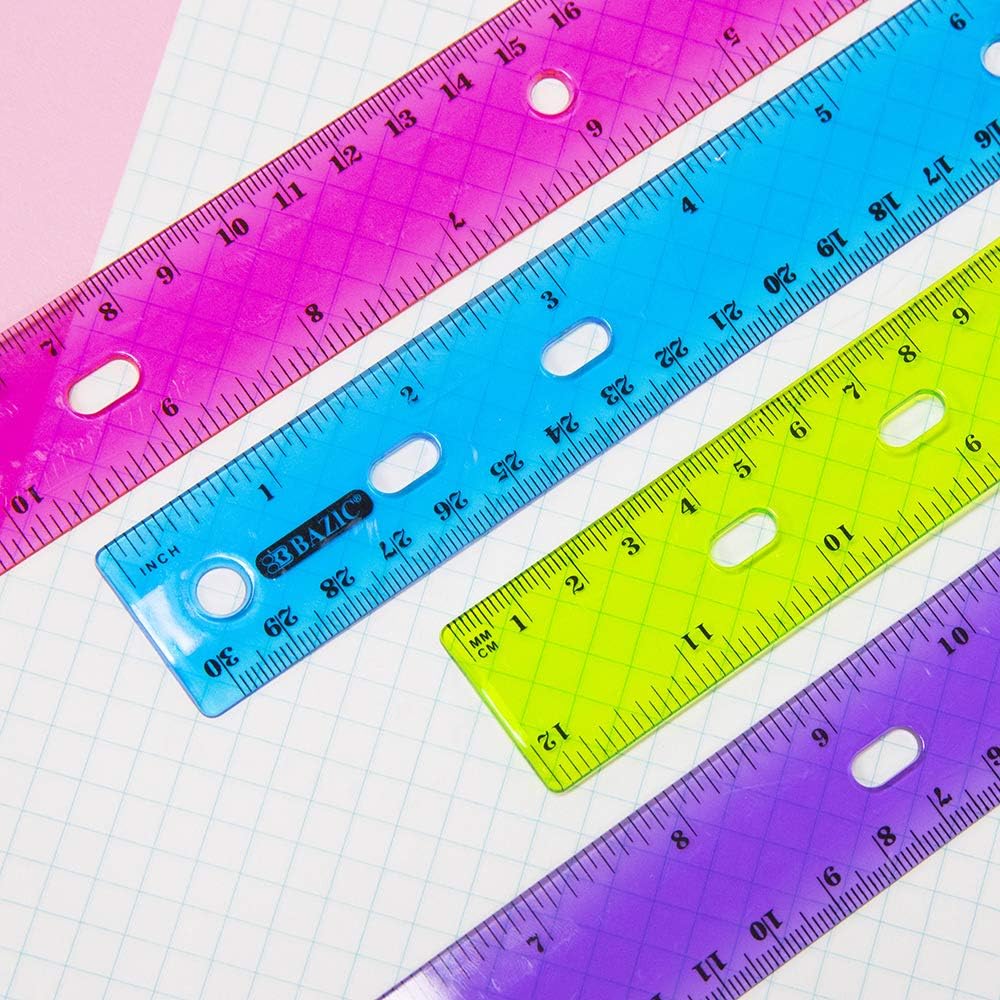BAZIC Products Jeweltones Color Plastic Ruler 12" (30cm), Inches Centimeter Metric Measuring Drafting Rulers, for Students School Supplies (4/Pack), 24-Packs