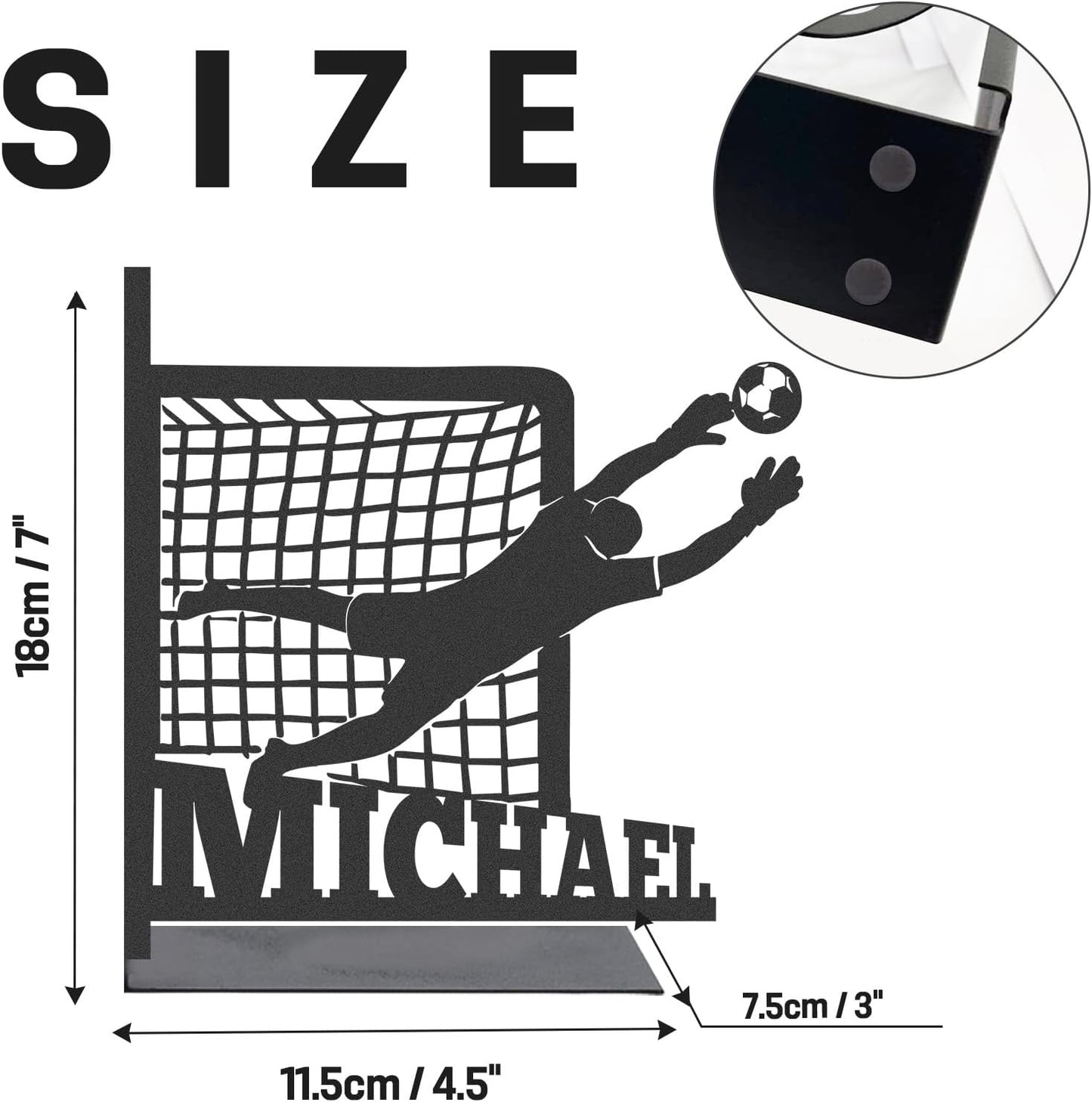 Personalized Metal Book Ends for Shelves 2 Pcs, Custom Soccer Theme Decorative Bookends with Name, Non-Slip Book Stopper, Desk Book Organizer, Black Book Holders for Home Office, Gifts for Men