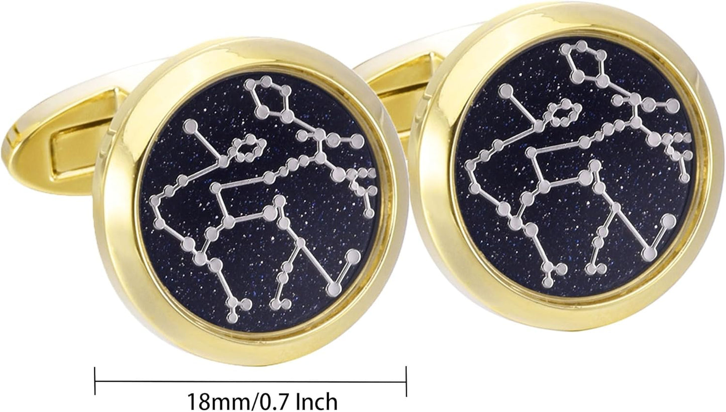 Sky Constellation Pattern Round Men's Cufflinks In Gift Case Sparkling Blue Goldstone Cufflinks for Men Jewelry for Wedding Party Business Birthday Anniversary Dress