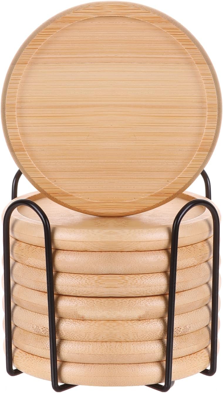 Bamboo 4 inch coaster [8 pcs] Coasters with Holder - Drinking Coasters - Cup Mat for Drinks - Live for Hot or Cold Drink - Non-slip and non-stick,Suitable for Kinds Cups and Living Room Decor