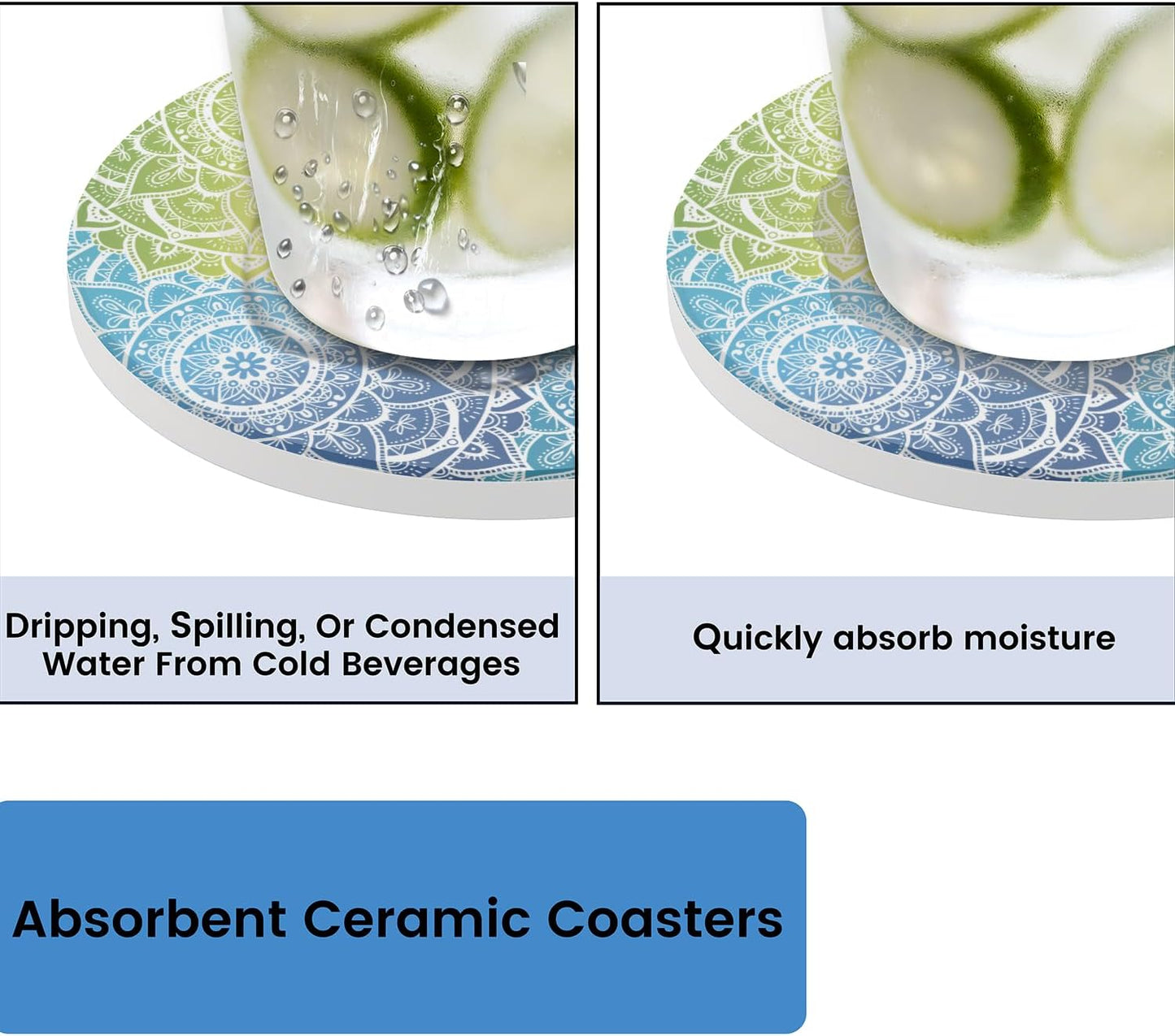 Ceramic Coasters for Drinks with Cork Back, Colorful Mandala Harmony 4 Inch Absorbent Coaster Set 1 Pack, Quick Dry Non-Slip Coaster Mats for Home, Office, Bar