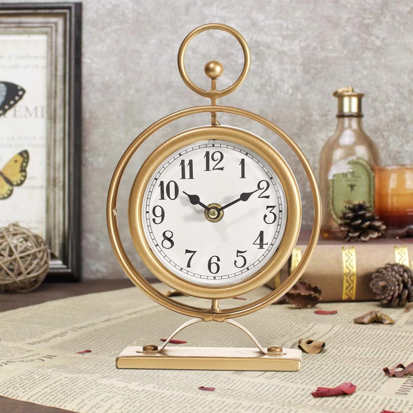 Vintage Table Clock on Stand, Decorative Metal Desk Clock, Small Antique Gold Silent Non-Ticking Battery Operated Farmhouse Shelf Table Clocks for Home Kitchen Bedroom Decor