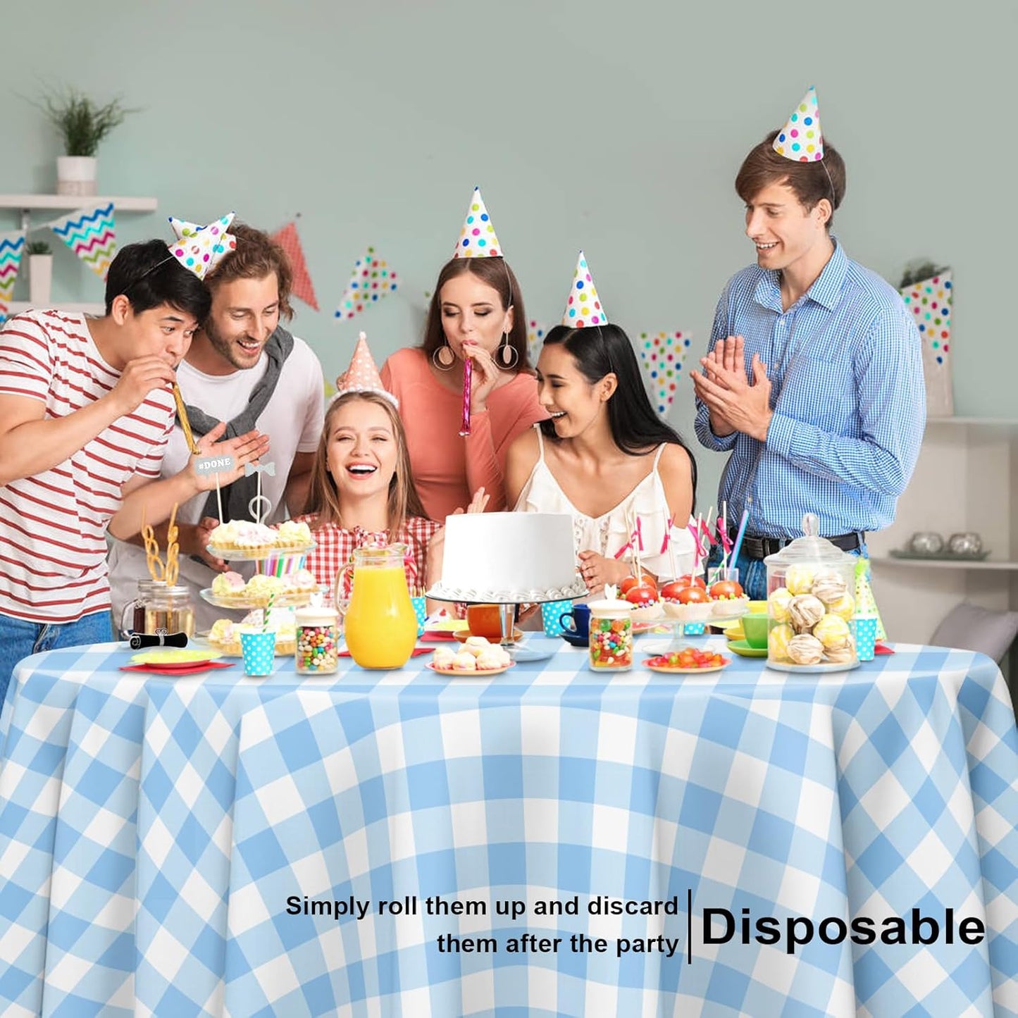 12 Pack Blue and White Checkered Tablecloth, Round Blue Gingham Plastic Table Cloths for Parties Disposable, 84x84 in Waterproof Camping Tablecloth for Birthday Party Baby Shower Picnic School