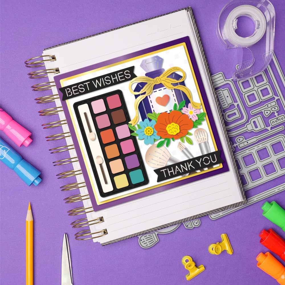 GLOBLELAND Cosmetic Bag Gift Card Holder Cutting Dies for DIY Scrapbooking Makeup Lipstick Brush Eyeshadow Cut Dies for Card Making Embossing Photo Album Craft Decor