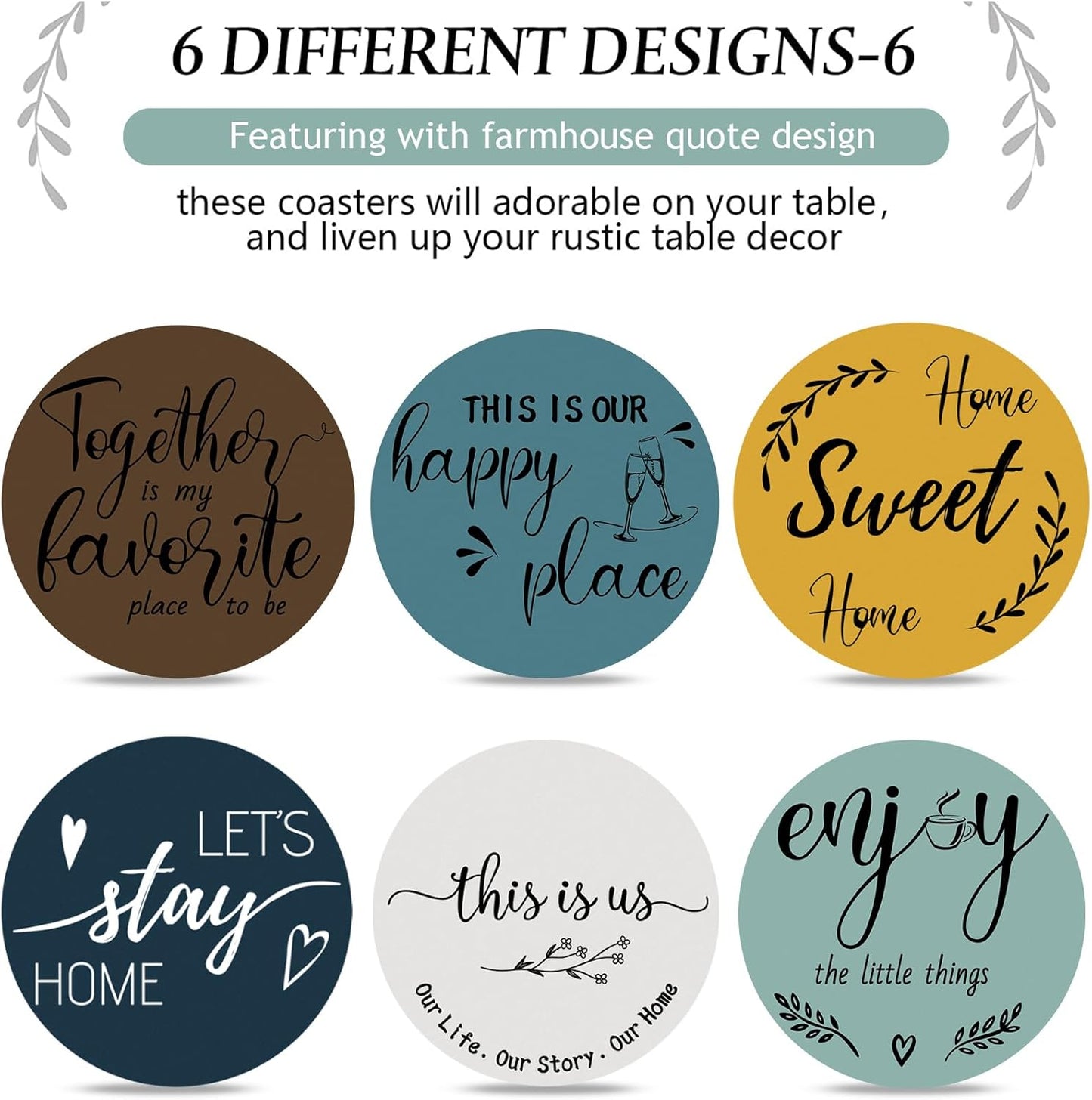 Queekay Housewarming Gifts for Home Decoration Wooden Heart Coasters for Drinks 6 Set Farmhouse Coasters with Holder Funny for Family Coffee Table Protection, 4''(Blue)