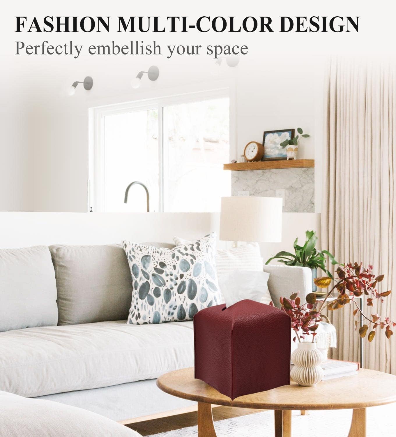 Livelab Tissue Box Cover Holder, Square Modern Decoration PU Leather Facial Tissues Case Roll Paper Dispenser for Bathroom Vanity Countertop, Night Stands, Office Desk Car 5X5X5'' | Wine Red