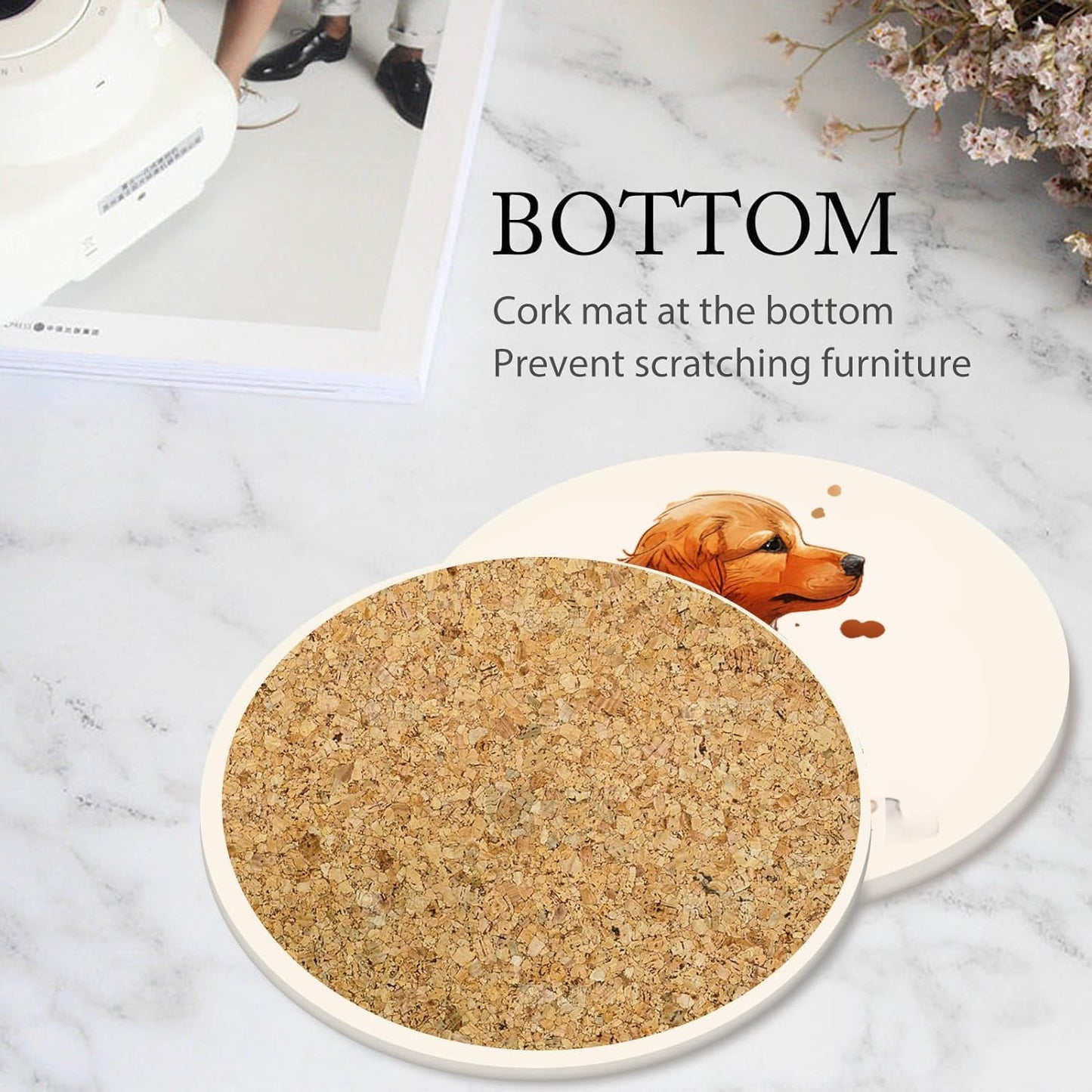 Boho Set of 6 Coasters for Drinks Absorbing Round Ceramic Stone Coaster with Cork Base,Tabletop Protection Mat for Mugs and Cups,Office,Kitchen (Golden Retriever Puppy)