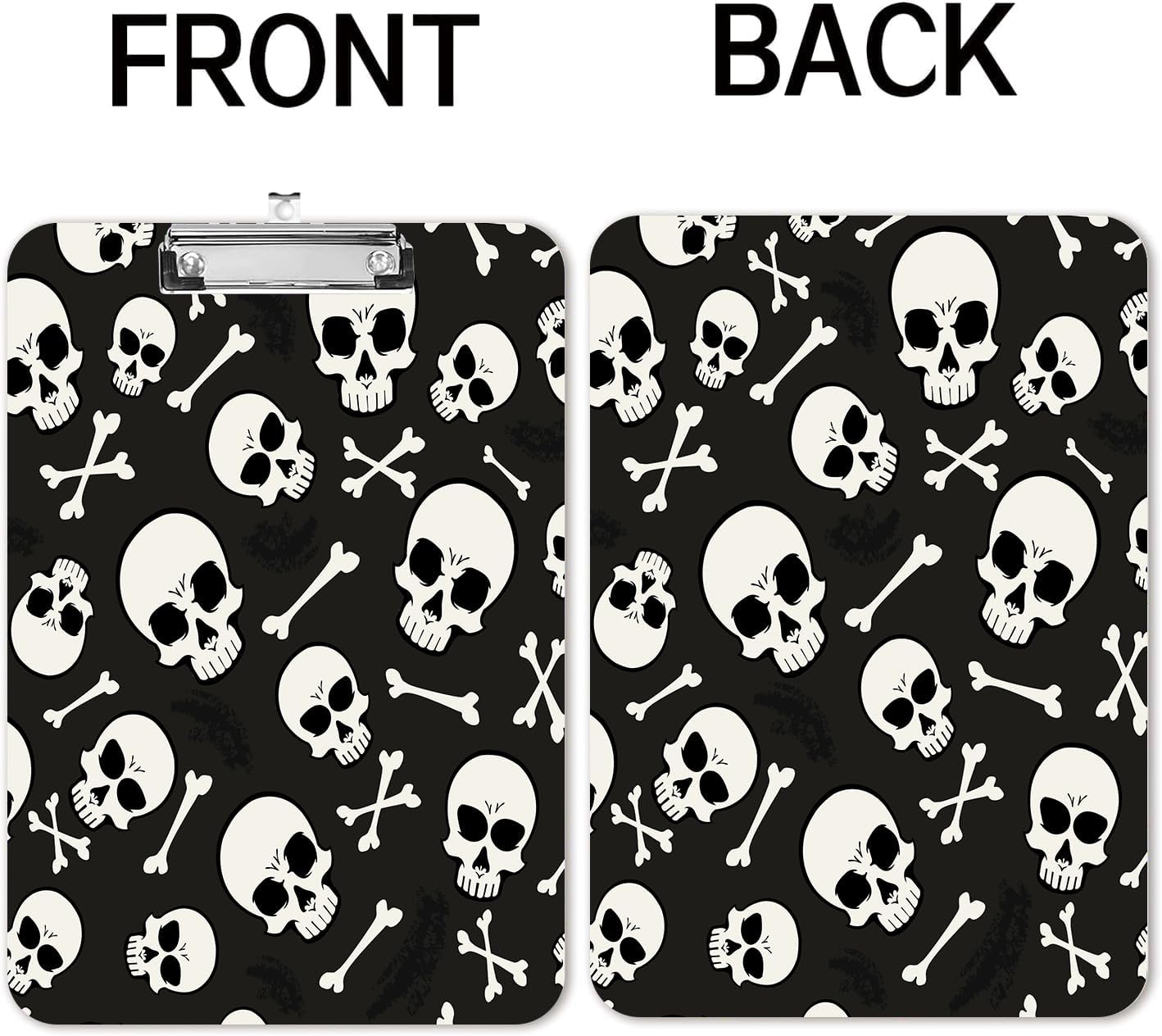 Fashion A4 Clipboard, Standard Letter Size 9" x 12.5", Decorative Wooden Clipboard with Low Profile Metal Clip for Office, School, Teachers, and Students, White Black Skull