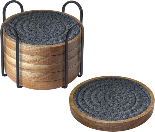 6 Pack Coasters for Drinks Absorbent, 4.3 inches Cork Coasters for Coffee Tables, Wooden Drink Coasters for Table Protection, Cute Coasters for Kitchen, Farmhouse, Bar, and Office (Dark Gray)