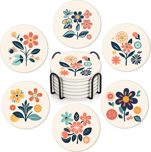 Boho Set of 6 Coasters for Drinks Absorbing Round Ceramic Stone Coaster with Cork Base,Tabletop Protection Mat for Mugs and Cups,Office,Kitchen (Boho Flower)