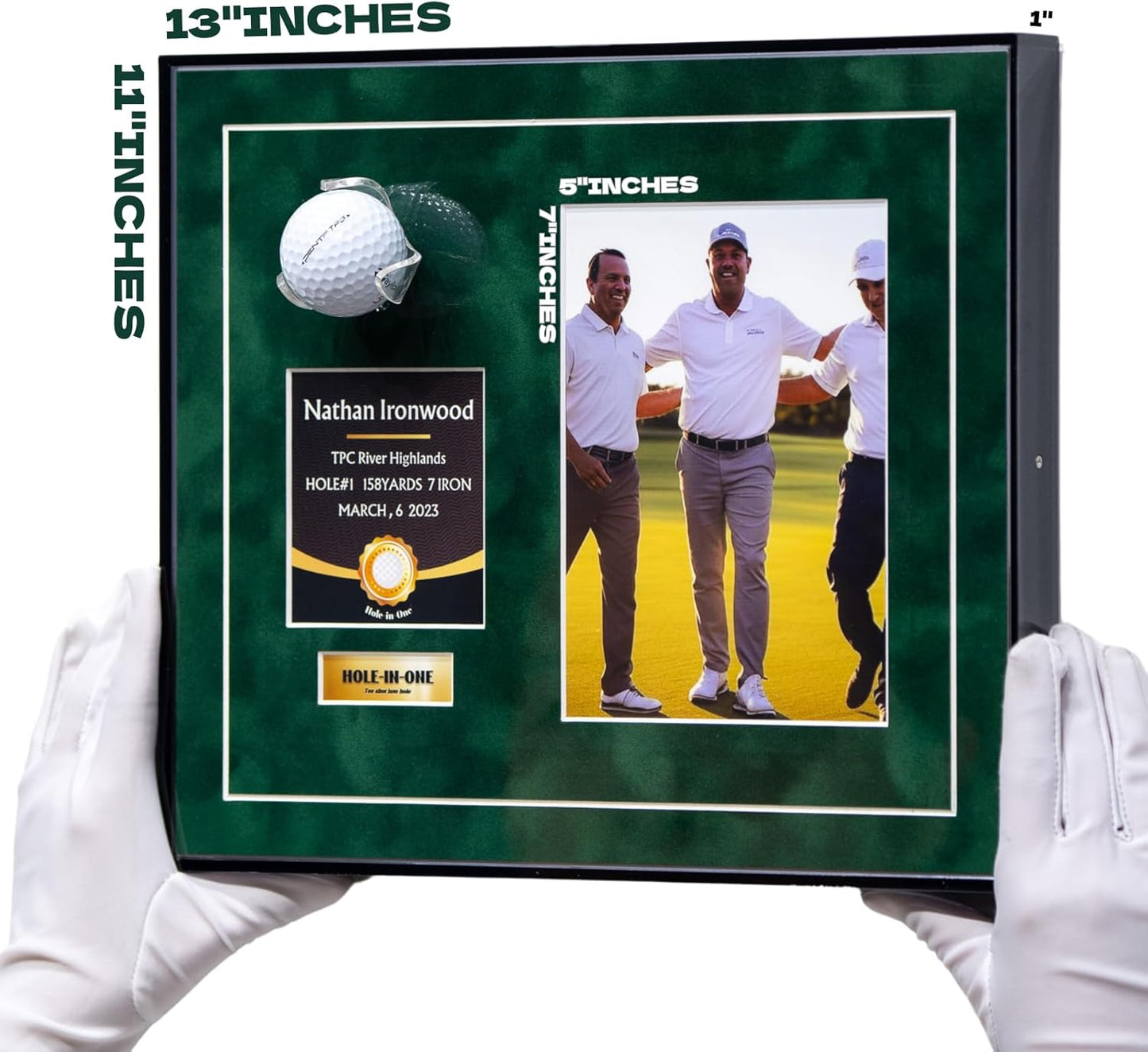 One-Shot Victory Golf Ball Display Frame – Acrylic Case with External Ball Mount, Custom Photo & Nameplate, Green Suede Mat, Elegant Golf Keepsake Gift