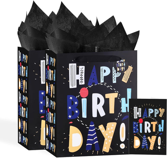 13" Black Happy Birthday Bag with Tissue Paper and Greeting Card for Party,Happy Birthday Gift Bag for Kids, Boys, Girls, Baby Boy,Men Women,Gift Bags Medium size (2 PCS Black, Kids Gift Bag)