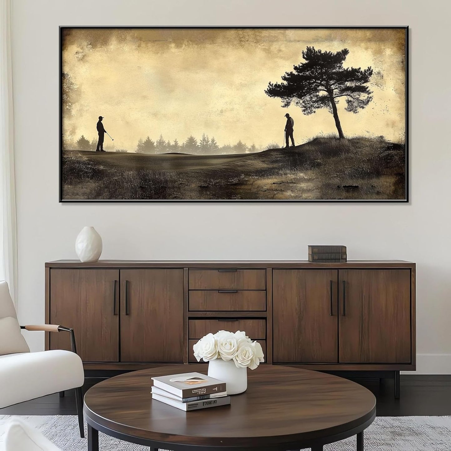 Vintage Golfers Landscape Wall Art, Golf Canvas Print, Golfers Picture Artwork for Wall, Rustic Wall Art, Horizontal Wall Decor, Vintage Sports Poster, Gift for Dad, Man Cave Decor (Black Framed, 23"x12"|60x30cm)