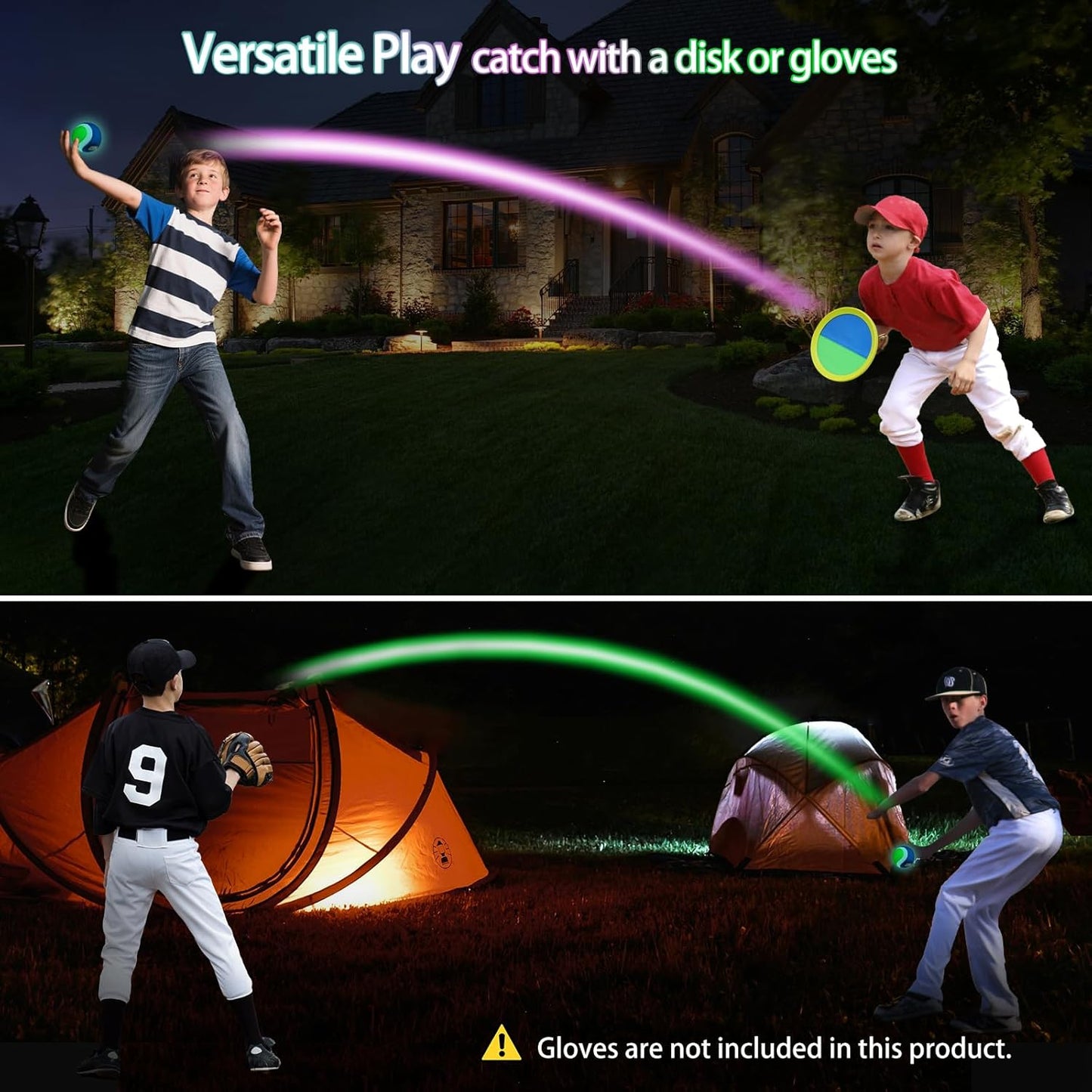 LED Toss and Catch Ball Set, Glow-in-The-Dark & Daytime Play with Rechargeable Multi-Color Flashing Light-Up Balls, Indoor & Outdoor Toy for Kids, Toddlers & Adults Fun, 2 Paddles & 2 Balls
