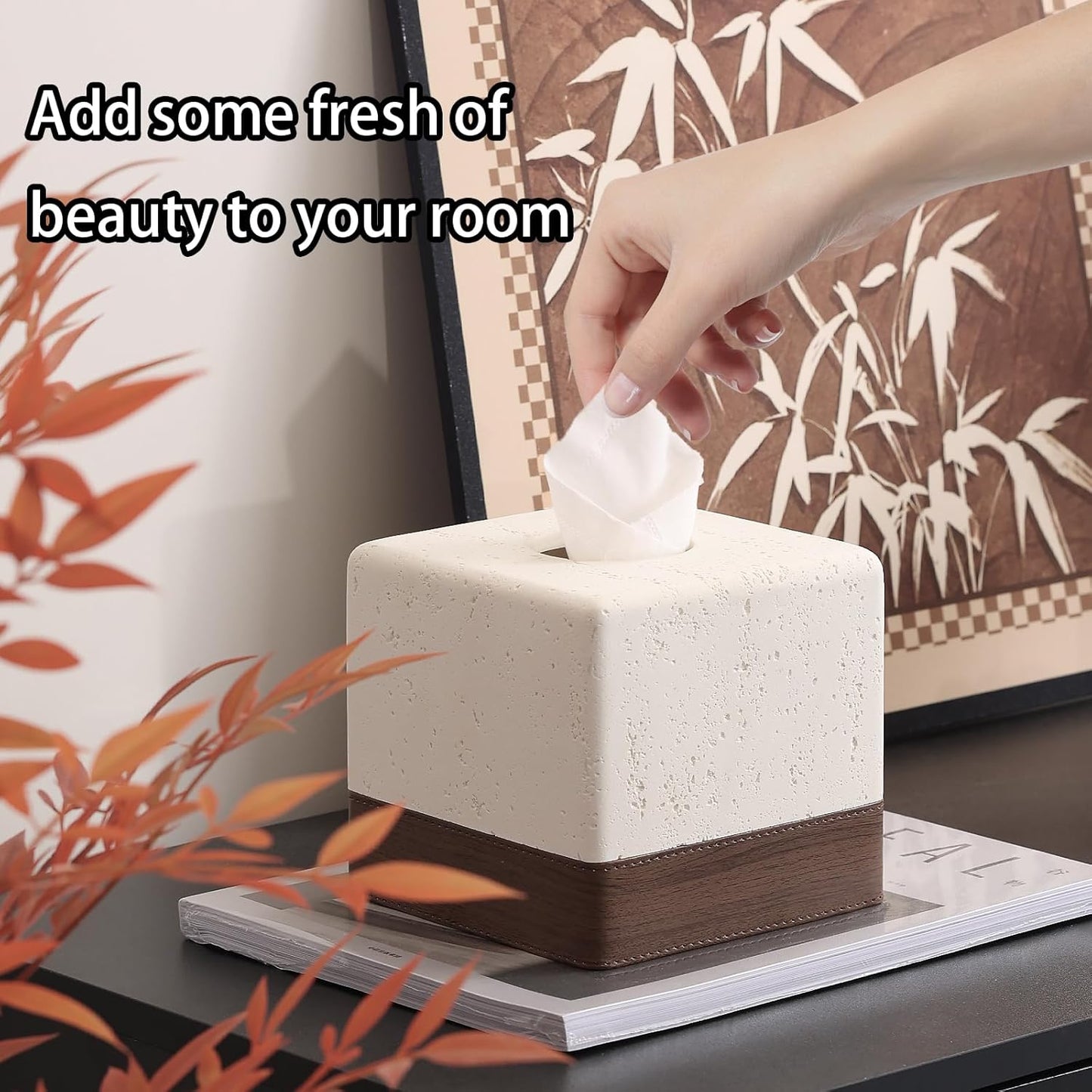 Tissue Box Cover Rectangle, Resin Facial Tissue Holder Covers Toilet Paper Holder Decorative Paper Dispenser Home Decor for Bathroom Bedroom Living Room Office (Off White with Leather)