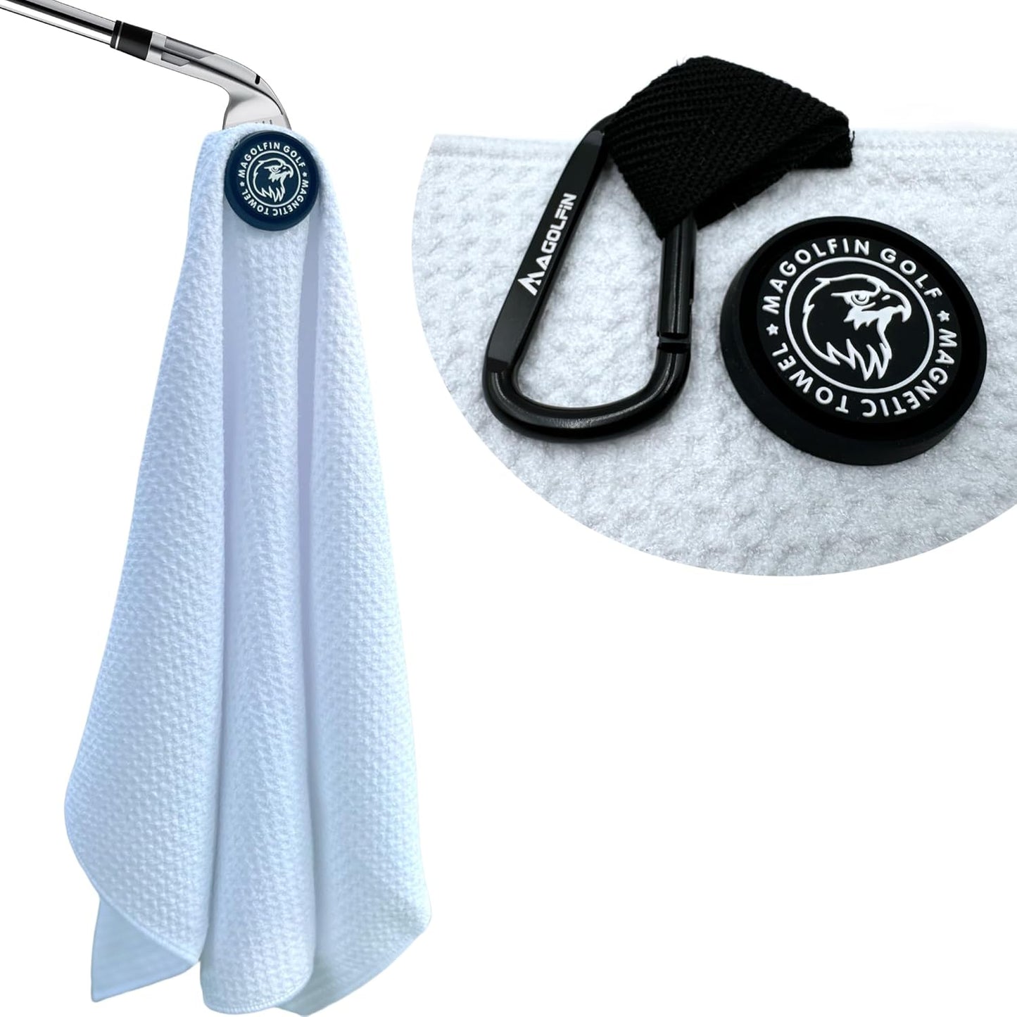 Magnetic Golf Towel with Clip, Microfiber Waffle Design - Industrial Strength Magnet for Strong Hold to Golf Bags, Carts & Clubs - White