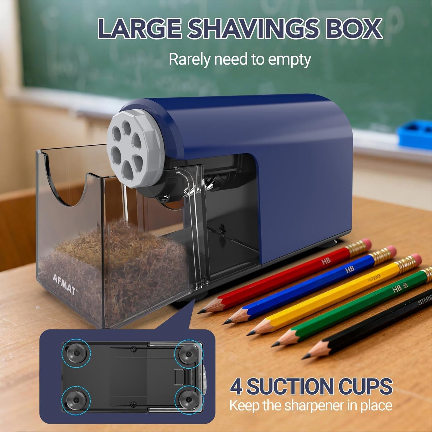 AFMAT PSD2 Electric Pencil Sharpener Heavy Duty, 6 Holes, Cordless & Rechargeable, Fast Sharpen, Auto Stop, 10K+ Uses, Classroom Pencil Sharpener for 6-11mm No.2/Large/Colored Pencils, Blue