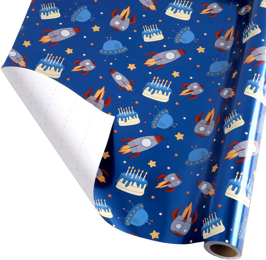 LaRibbons Space Wrapping Paper Mini Roll, Blue Spaceship and Birthday Cake Design with Metallic Foil Shine, Perfect for Kids and Boys Birthdays, 17" x 33' (46.7 sq. ft.)