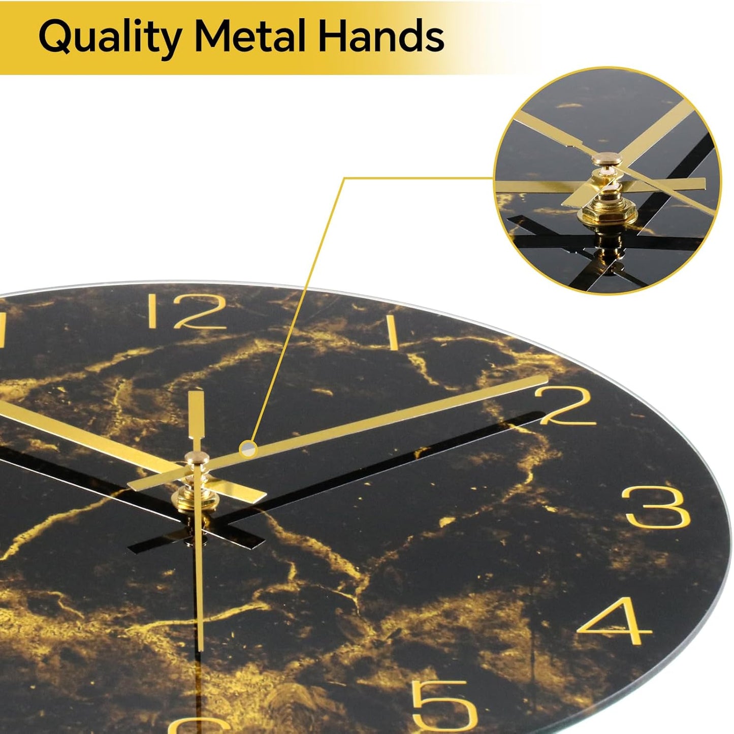 VIKMARI Black Modern Marble Texture Clock Gold Hands Rustic Kitchen Decor 12 Inch Wall Clock Battery Operated Non-Ticking Large Round Quartz Golden Decorative for Office Bedroom, Living Room