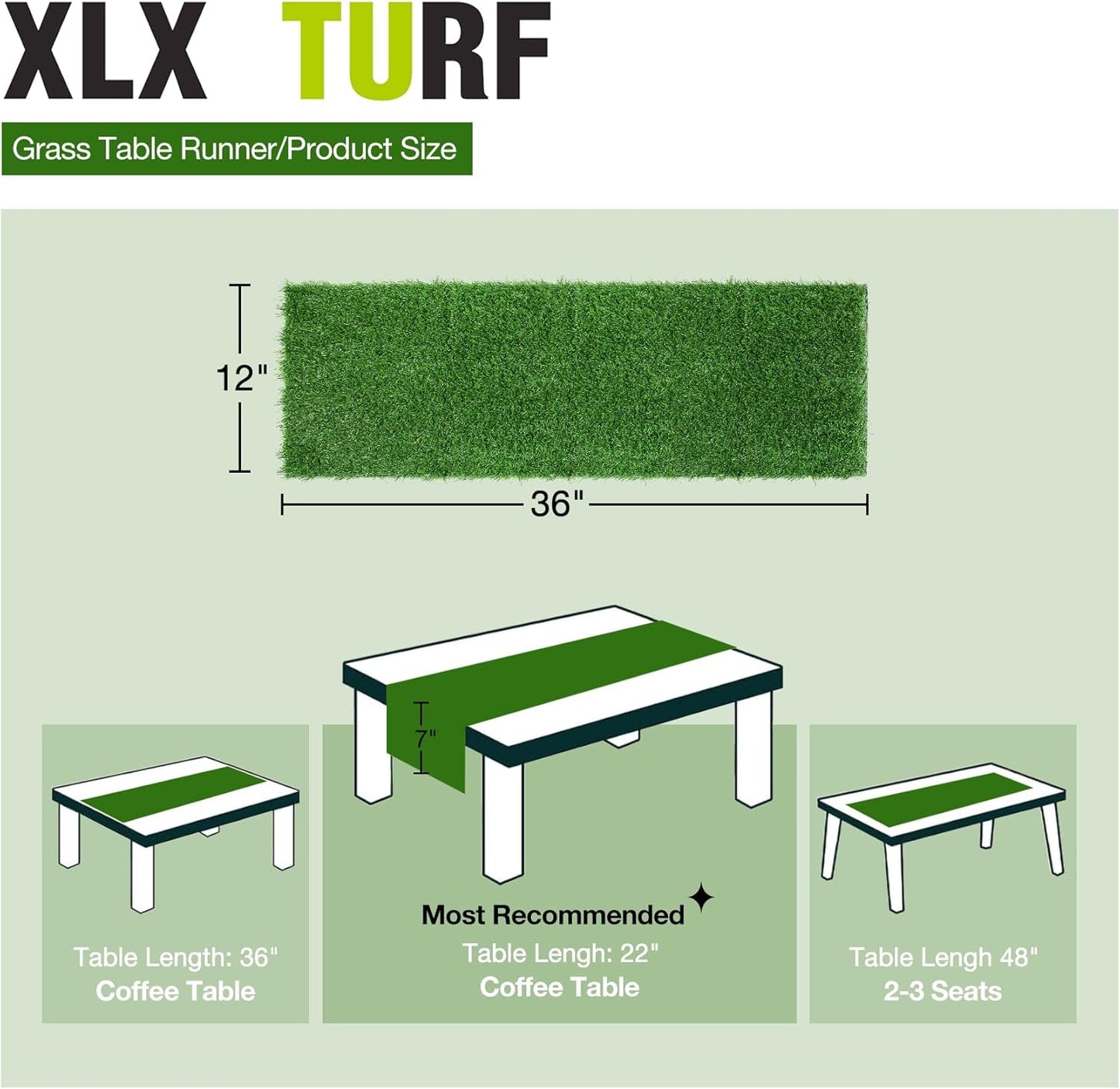 XLX TURF Artificial Grass Table Runner 12 x 36 Inches for Christmas Football Golf Party Decorations - Green Fake Grass Turf Table Runner Wedding Tabletop Baby Shower
