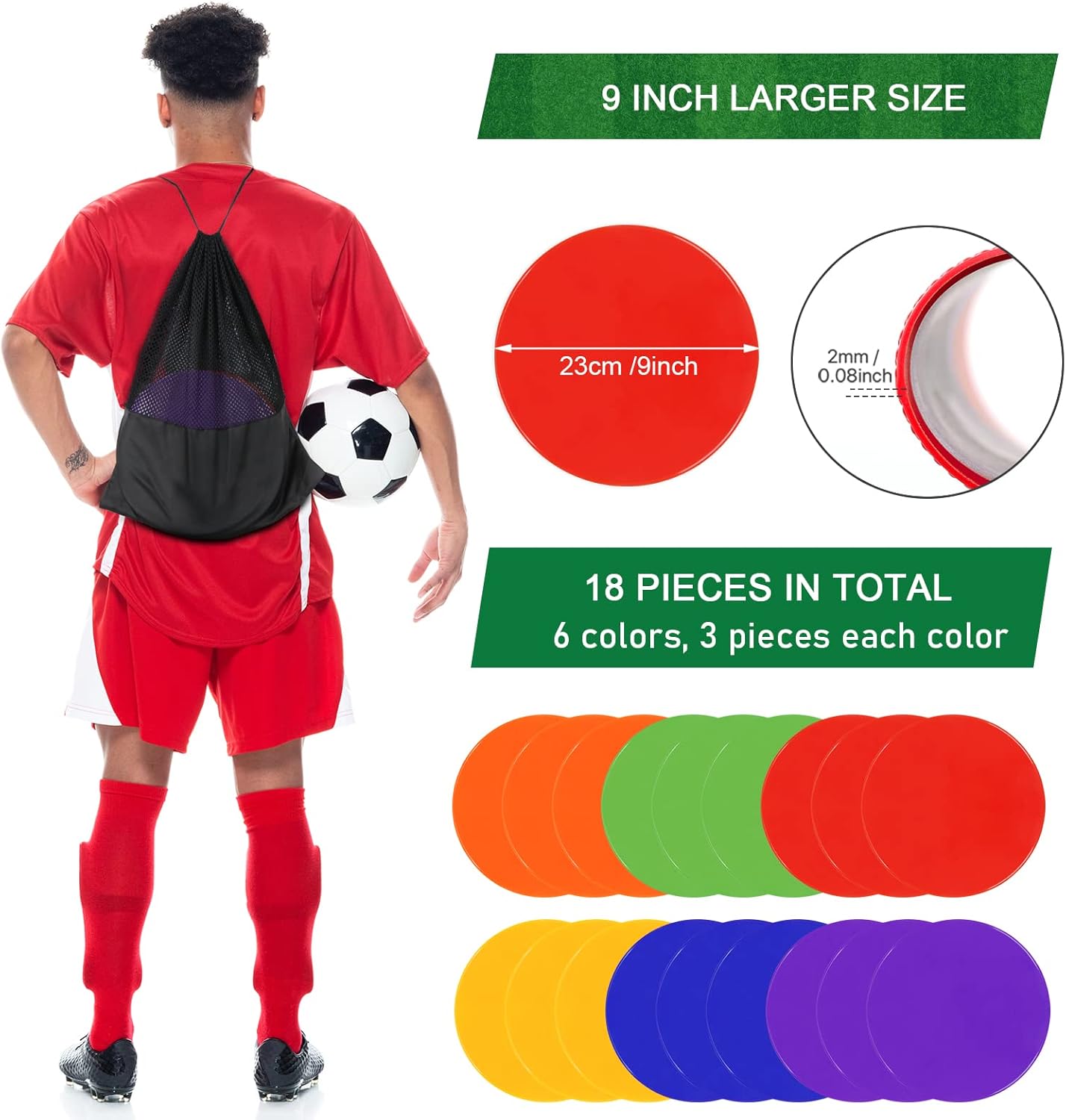 Poly Spots Spot Markers for Gym Floor 9inch 10inch 12/18/24/36 Pcs Flat Cones Non-Slip Rubber Floor Dots Circles for Kids Sports Soccer Basketball Agility Training Dance Classroom