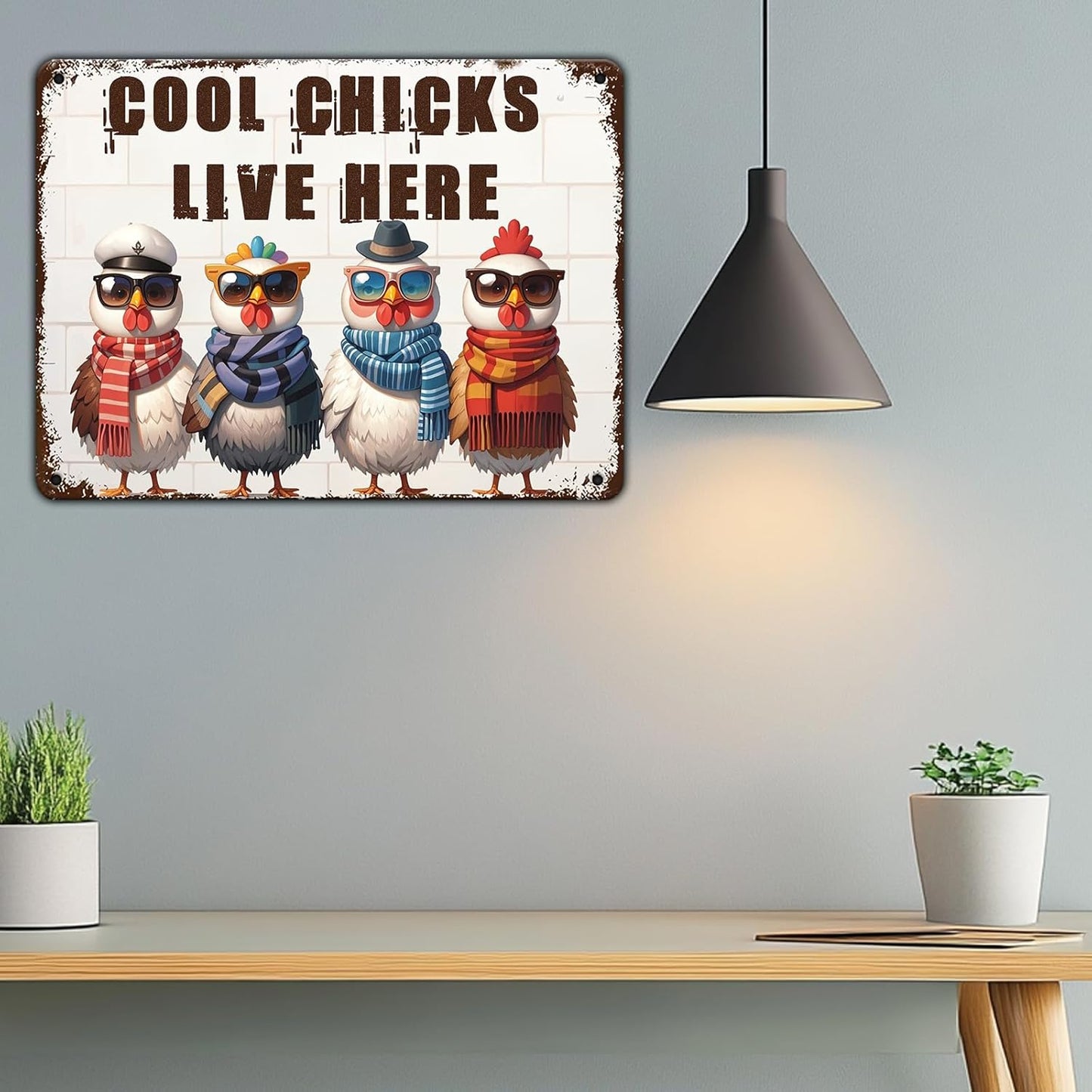 Funny Cool Chicks Live Here Tin Sign Plaque Metal Poster 12x8 Inch Home Kitchen Garden Restaurant Farm Wall Decor