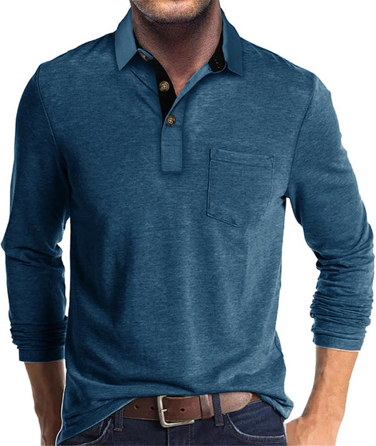 Mens Long Sleeve Polo Shirts Casual Moisture Wicking Golf Polo Shirts with Pocket