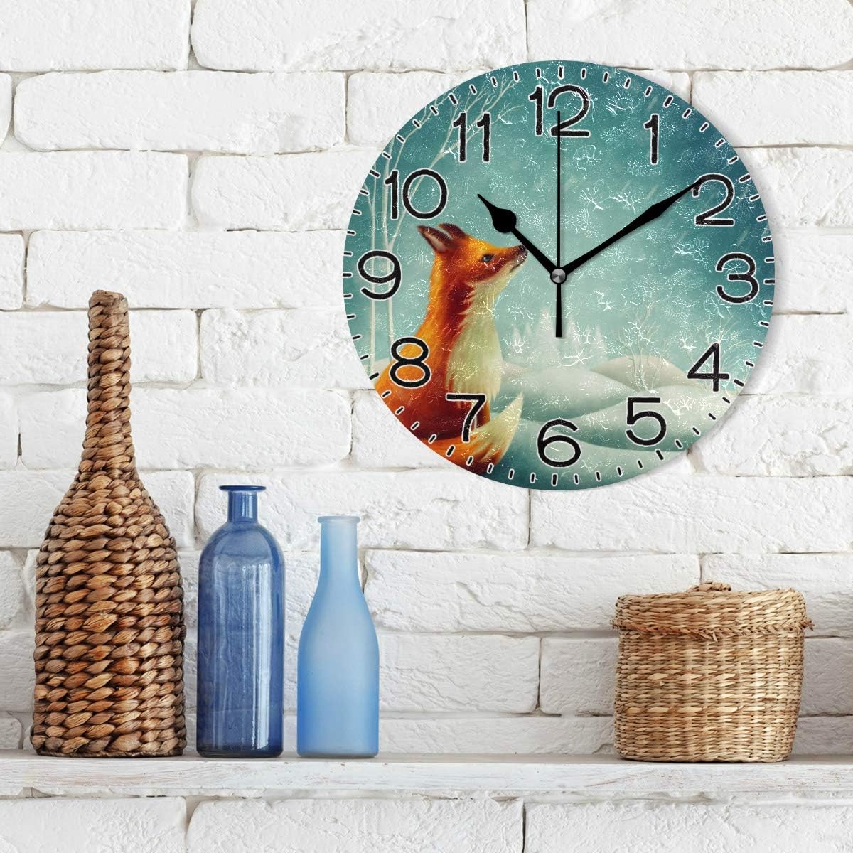 Red Fox Wall Clock Battery Operated Non Ticking Silent Quartz Analog Rustic Farmhouse Round Clock Retro Decor for Home Kitchen Living Room Bathroom
