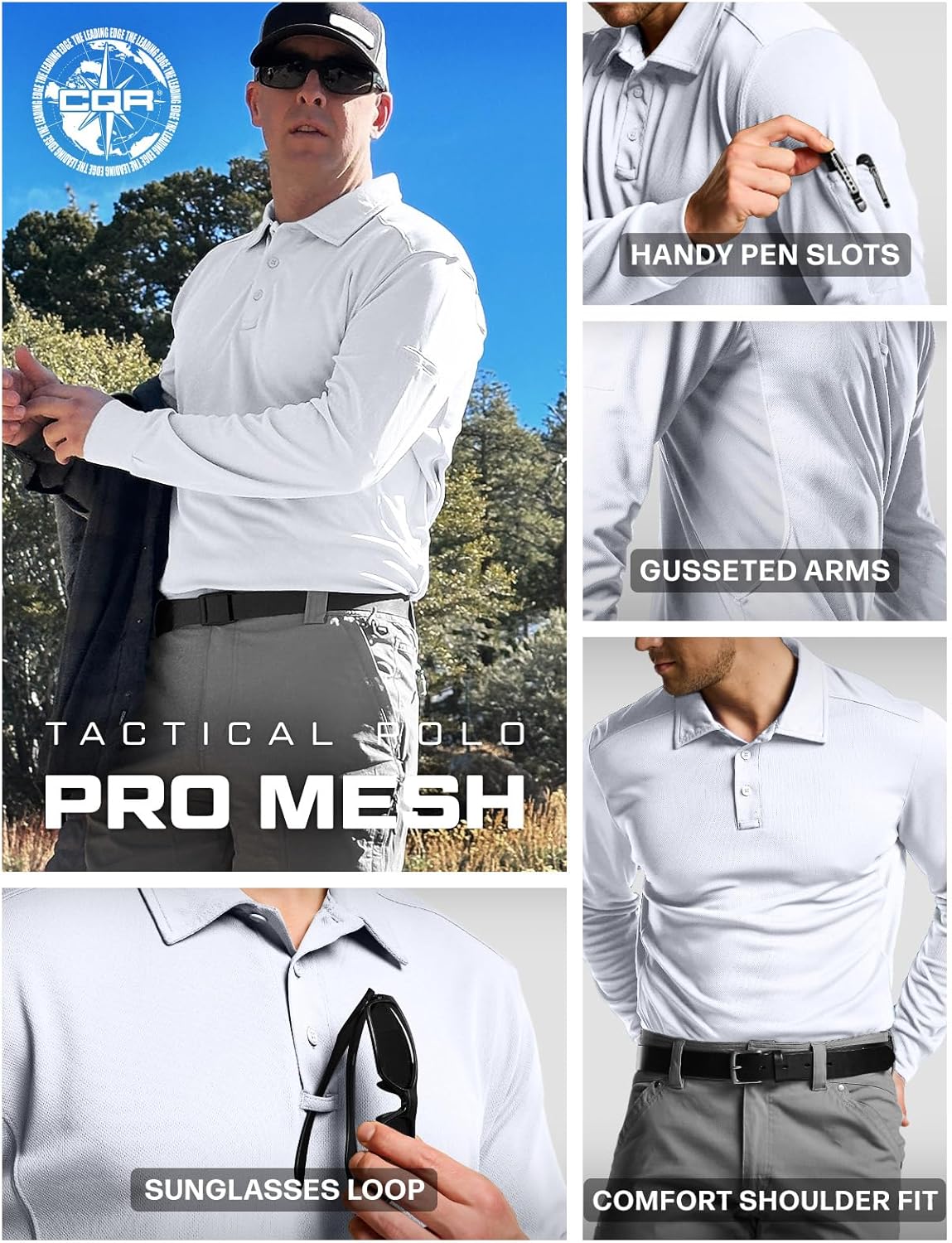 CQR Men's Polo Shirt, Long Sleeve Tactical Shirts, Outdoor UPF 50+ Pique Shirt, Dry Fit Lightweight Golf Shirts