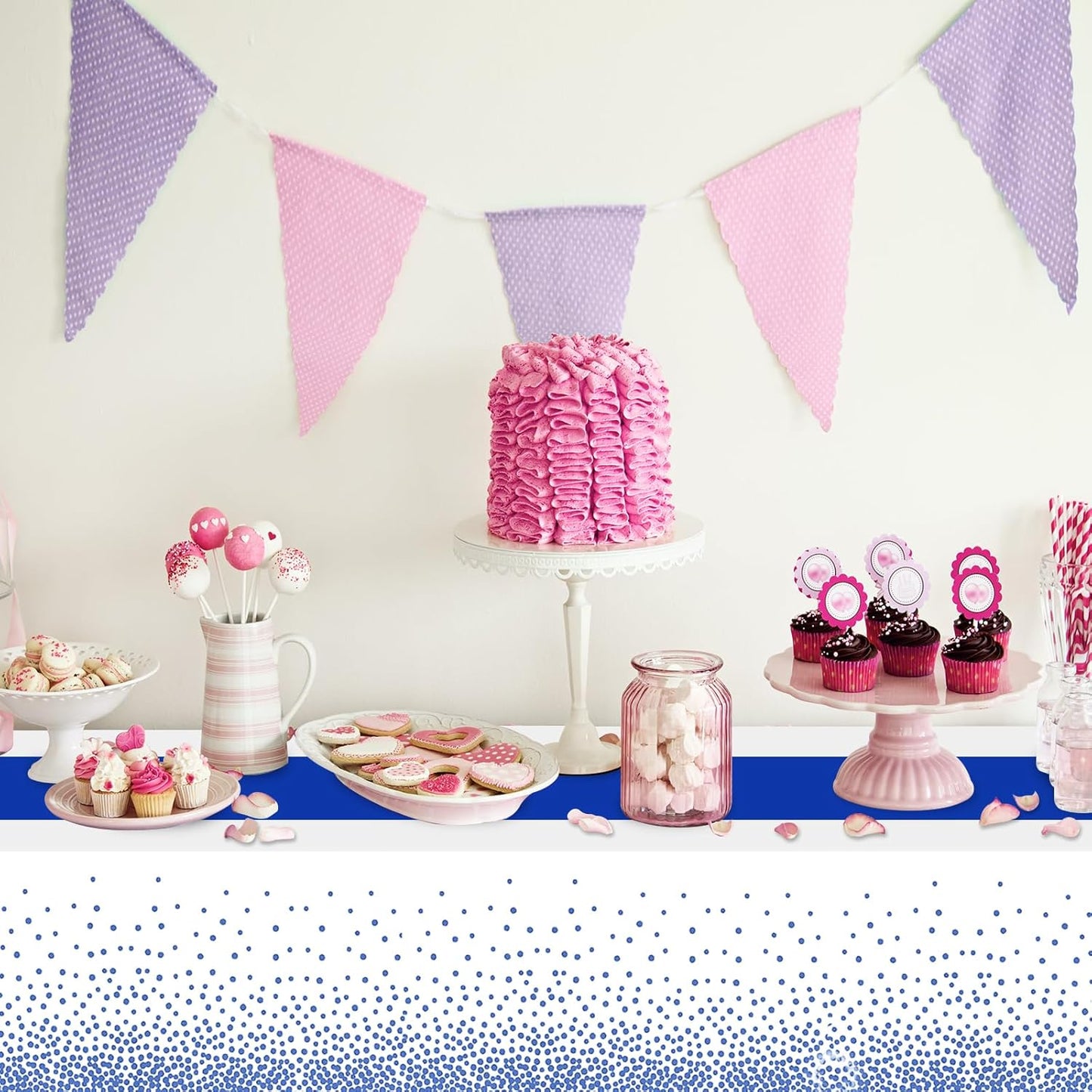 6 Pack Rectangle Plastic Dot Tablecloth Set, 54 X 108 Inch Plastic Table Cover, 12 x 108 Inch Satin Table Runners for Wedding Graduation Birthday New Year Party Decorations (White, Blue)