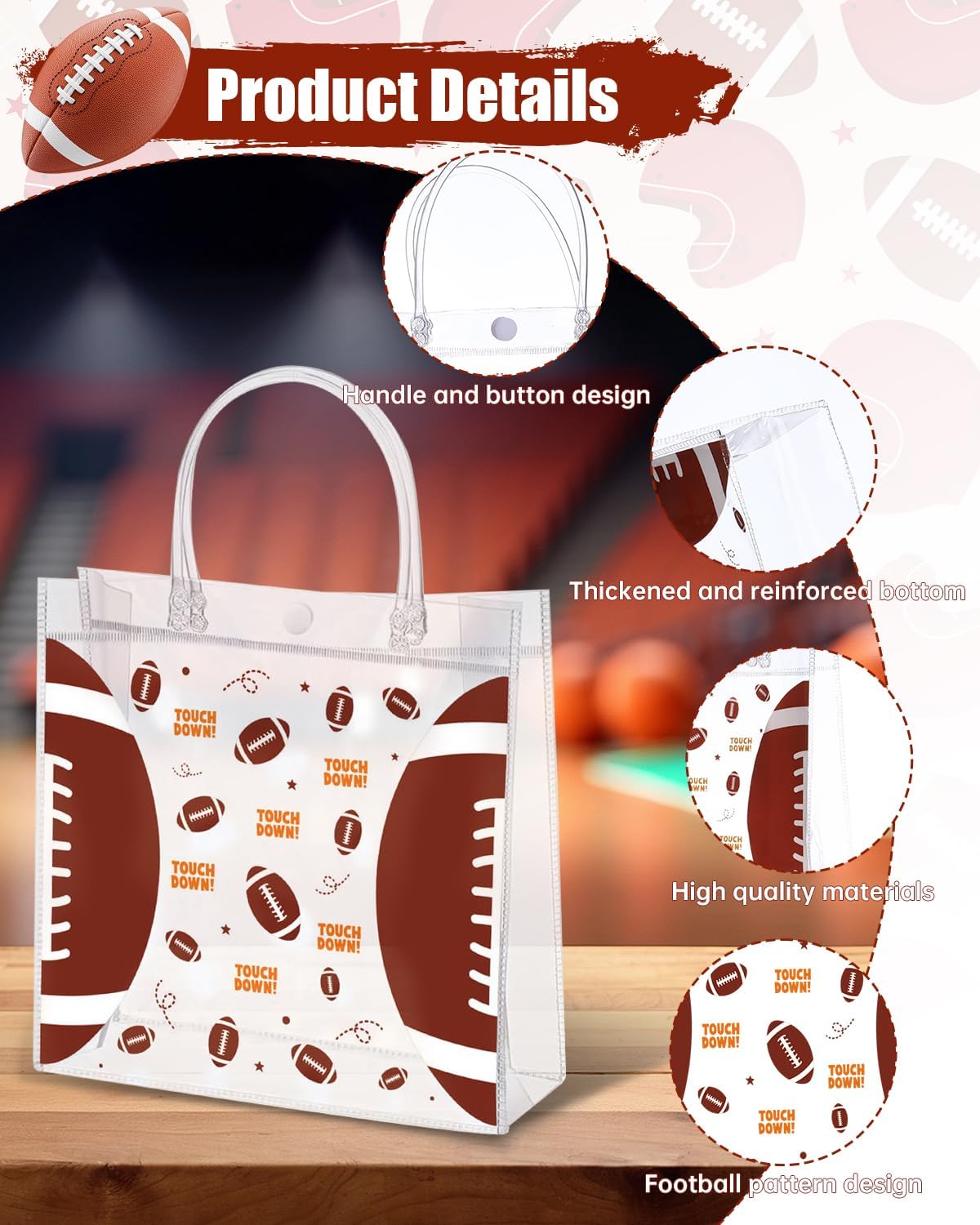 Clear Football Favor Bags with Handles - 24 Pack Football Gift Bags, Transparent PVC Goodie Bags for Sports Theme Birthday Holiday Team Events (8 x 8 x 3.2Inch)