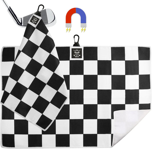 2 Pack 24"x16" Magnetic Golf Towels - Premium Waffle Pattern, with Magnet & Carabiner Clip for Golf Bags, Carts & Clubs. Essential for Men & Women Golfers - Black/Black