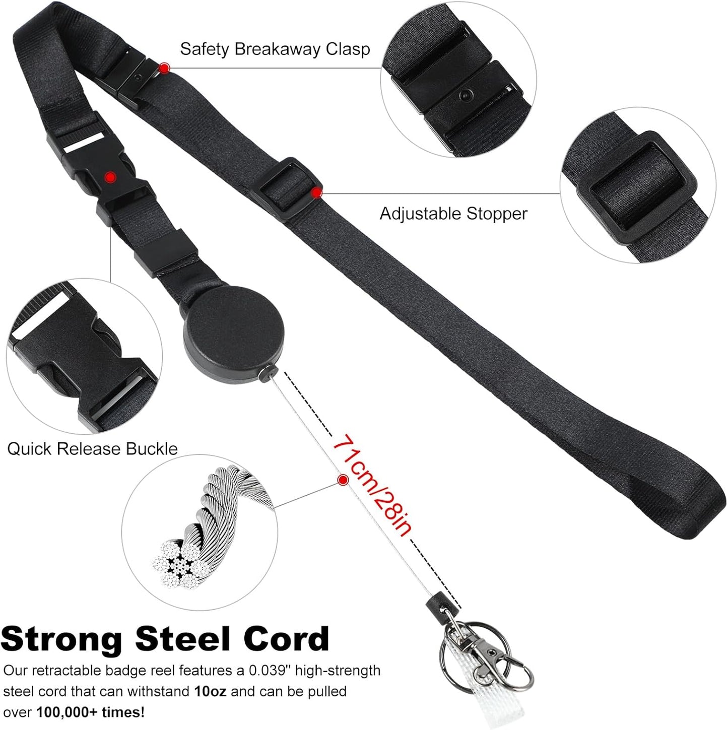 DELSWIN Heavy Duty Retractable Lanyard - 2 Pack Breakaway Lanyards for ID Badges Keys, Retractable Keychain with Upgraded Badge Reel, Lobster Clip, and Key Ring, 10 oz Retraction