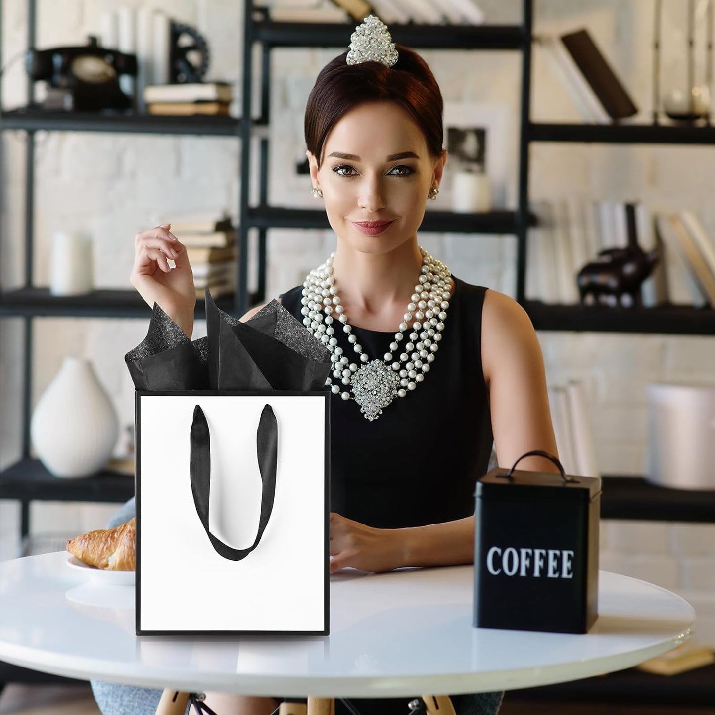 Yeaqee 24 Pack Metallic Paper Gift Bags with Handle and Tissue 9x7x3.1 Gold Foil Welcome Favor Bags Return Gifts for Wedding Fall 5 Senses Christmas Bridesmaid Birthday(White Black)